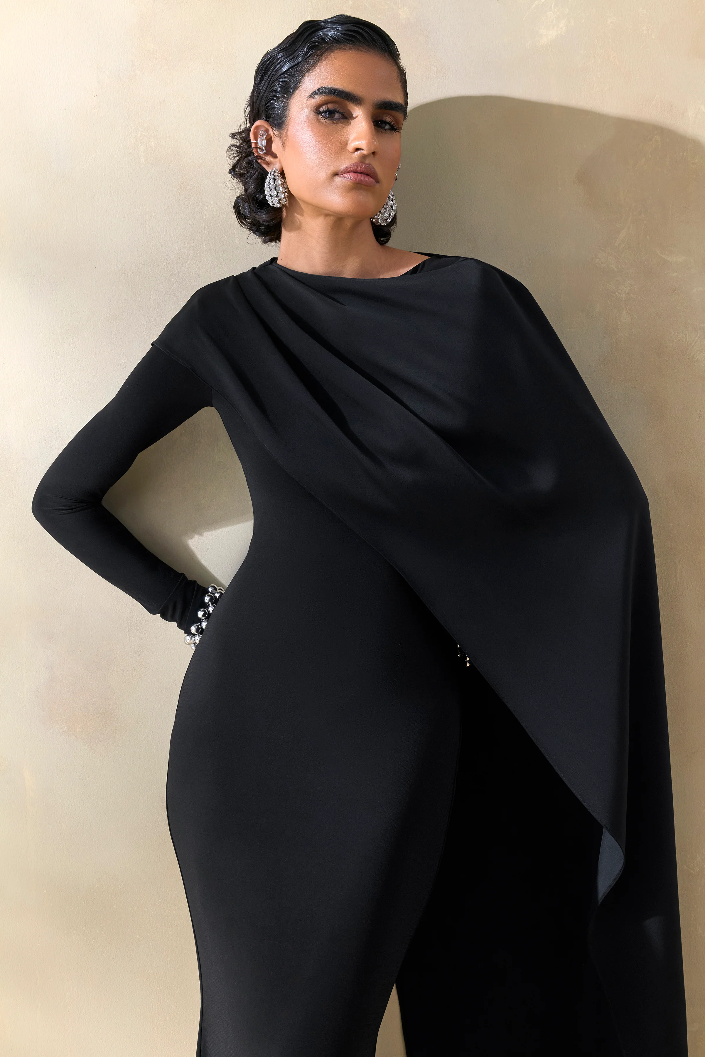 Salenne | Black Wide-Neck Maxi Dress With Satin Asymmetric-Cape - Image 3