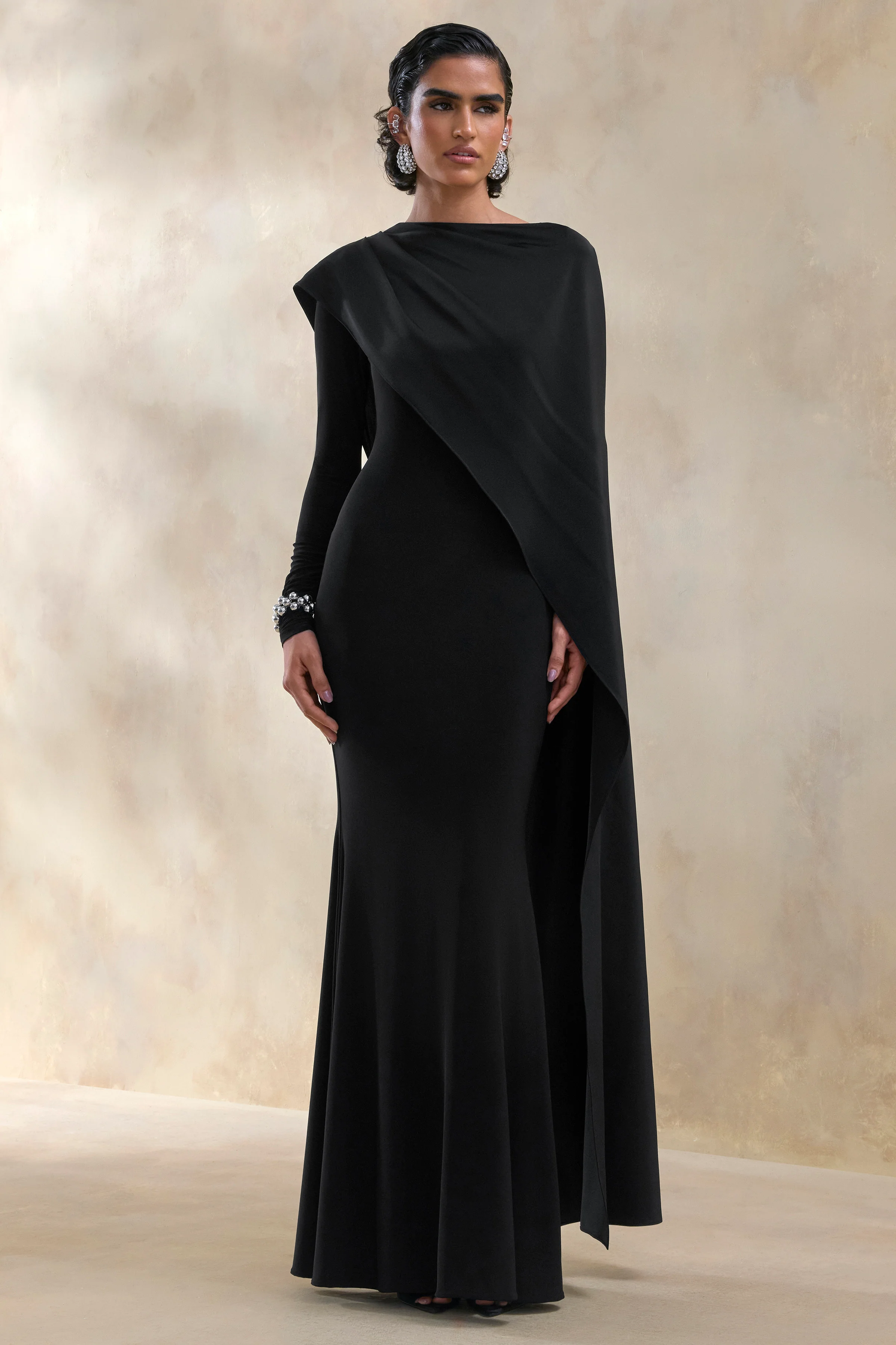 Salenne | Black Wide-Neck Maxi Dress With Satin Asymmetric-Cape - Image 5