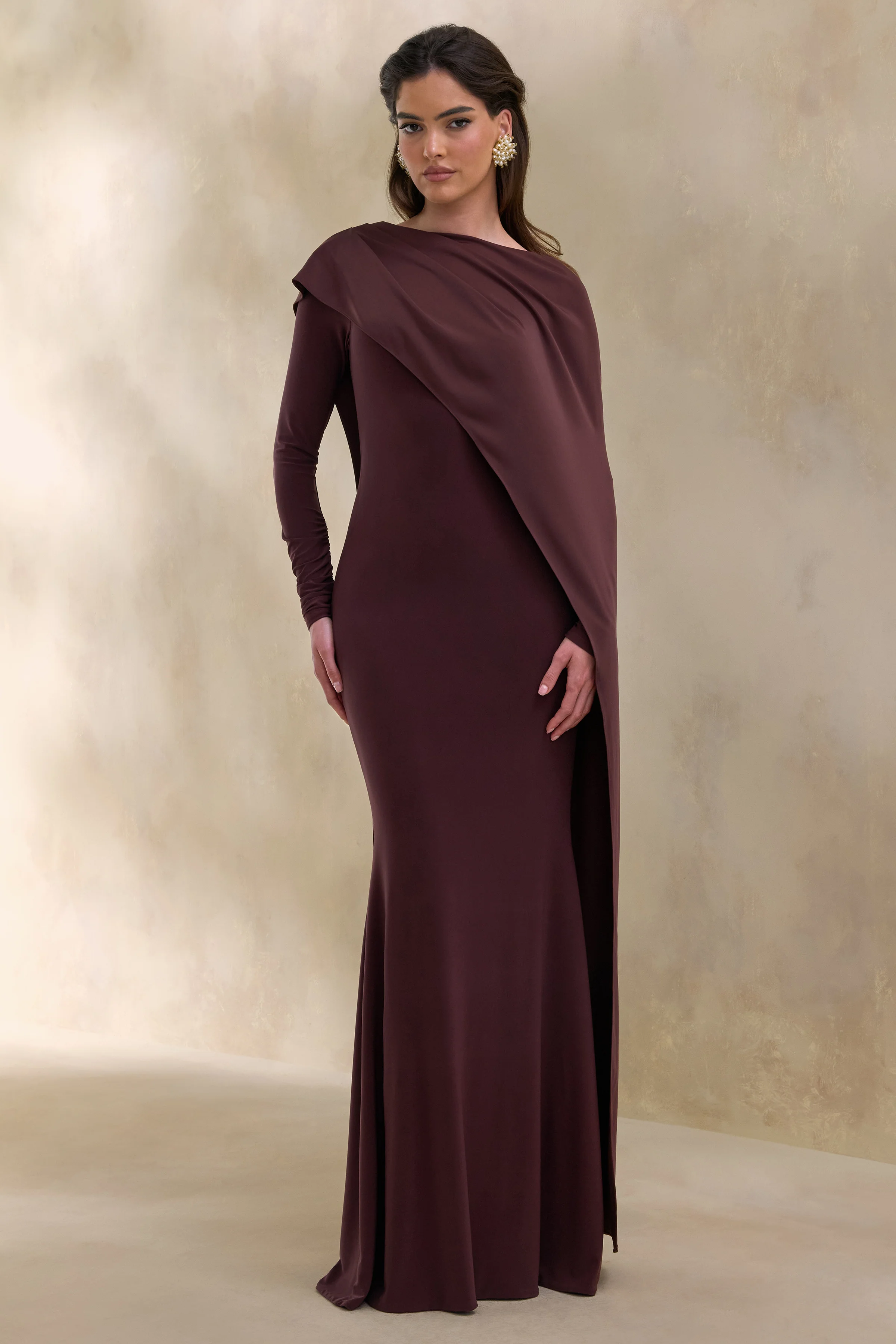 Salenne | Brown Wide-Neck Maxi Dress With Satin Asymmetric-Cape