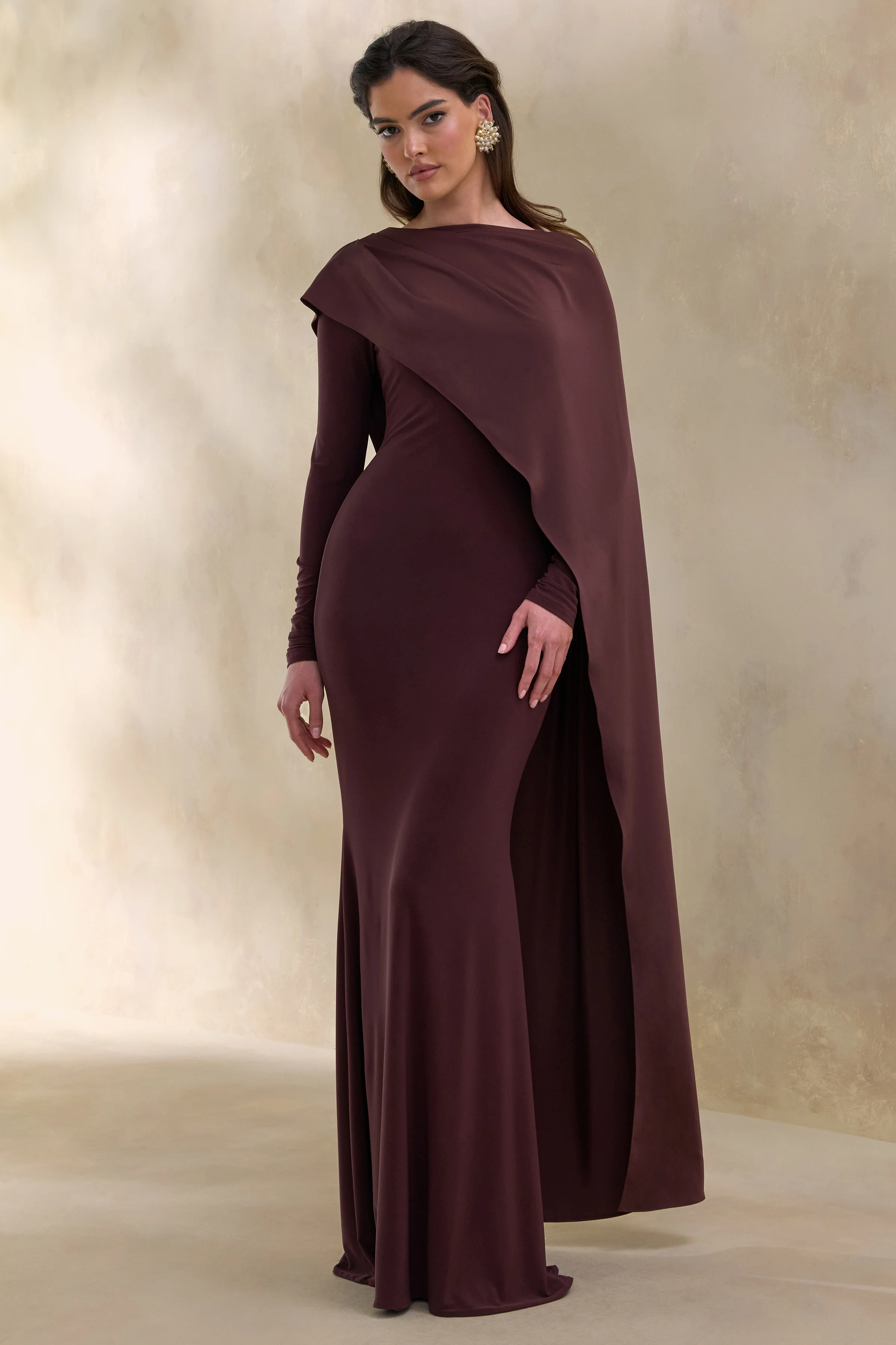 Salenne | Brown Wide-Neck Maxi Dress With Satin Asymmetric-Cape - Image 4