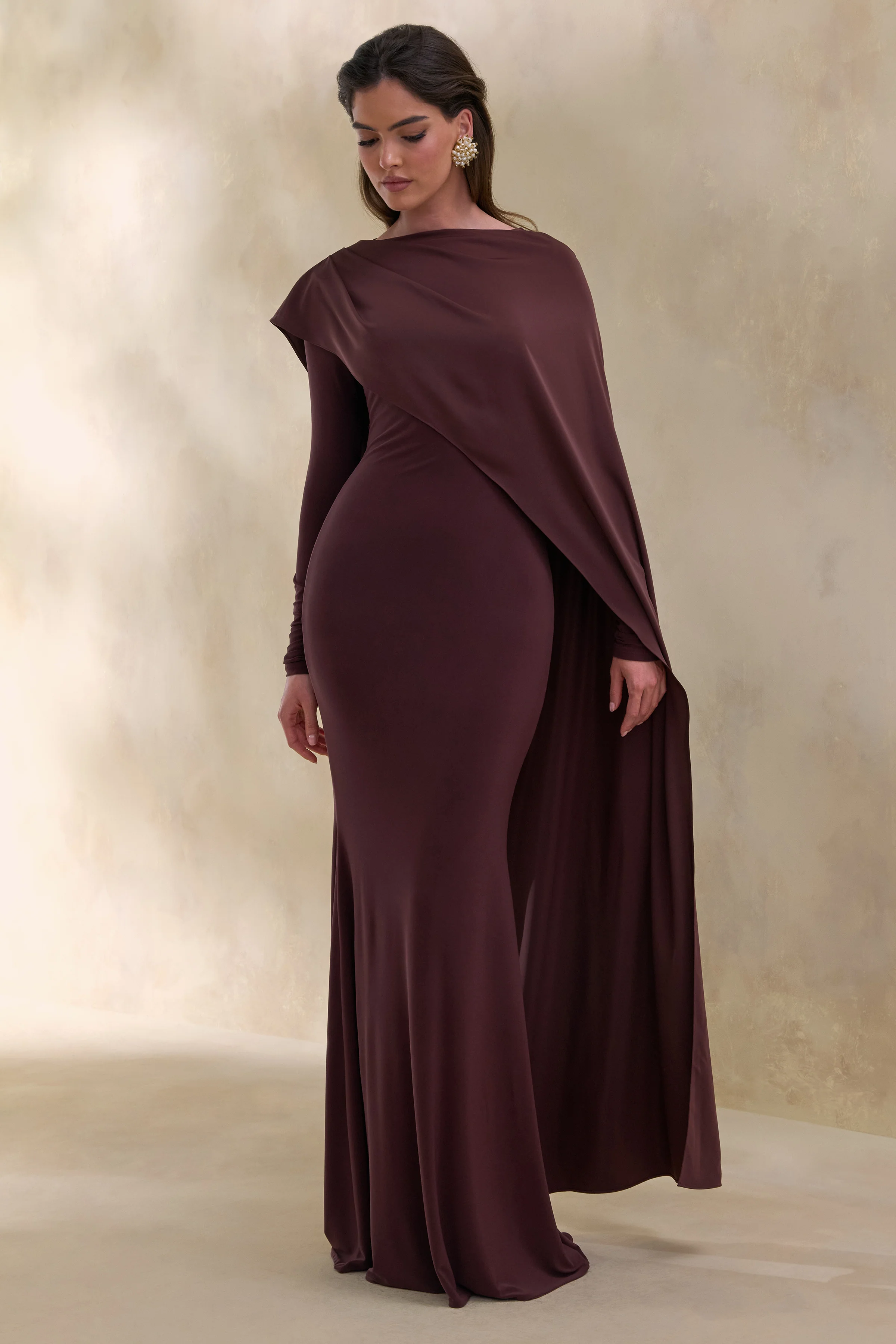 Salenne | Brown Wide-Neck Maxi Dress With Satin Asymmetric-Cape - Image 5