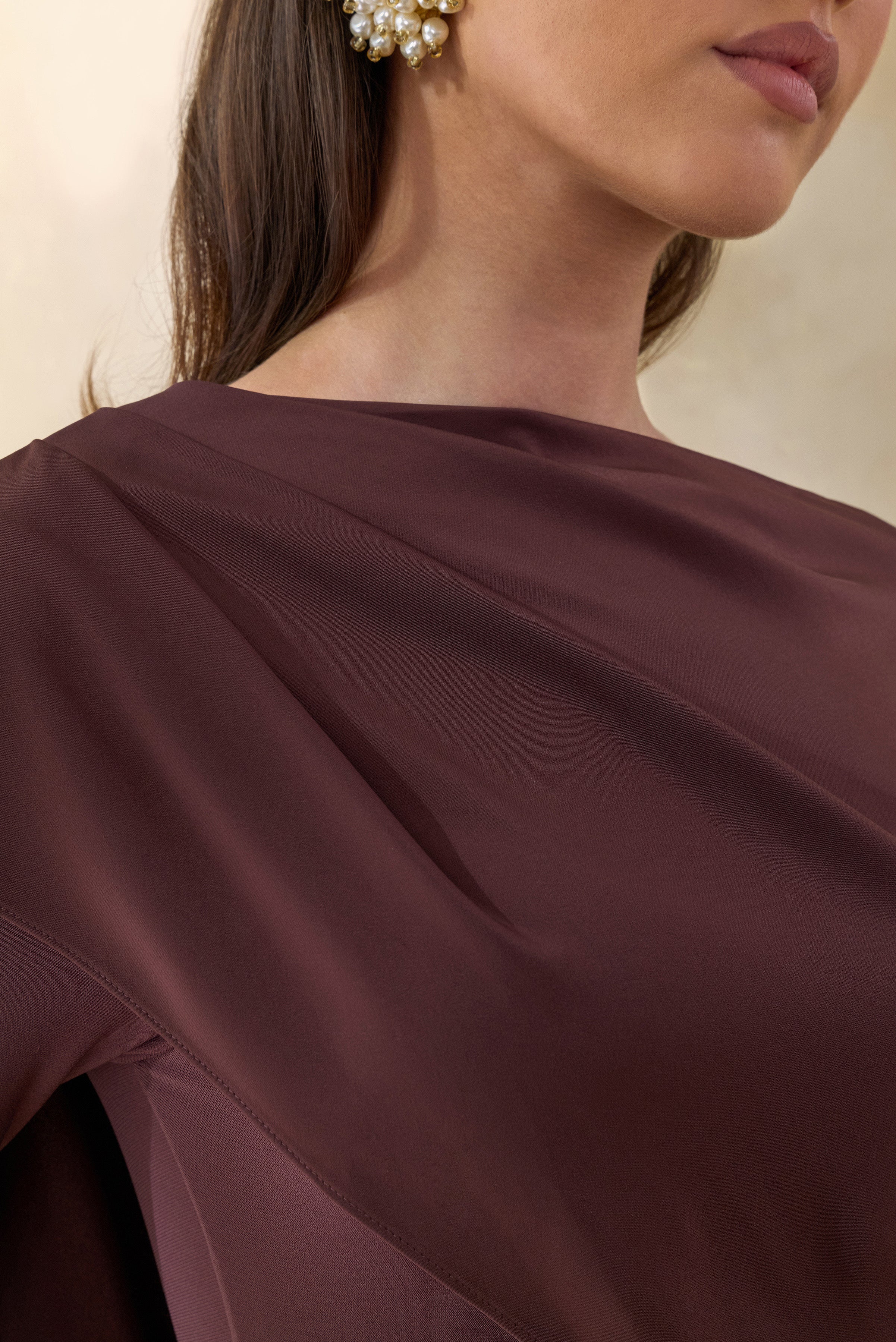 Salenne | Brown Wide-Neck Maxi Dress With Satin Asymmetric-Cape - Image 7