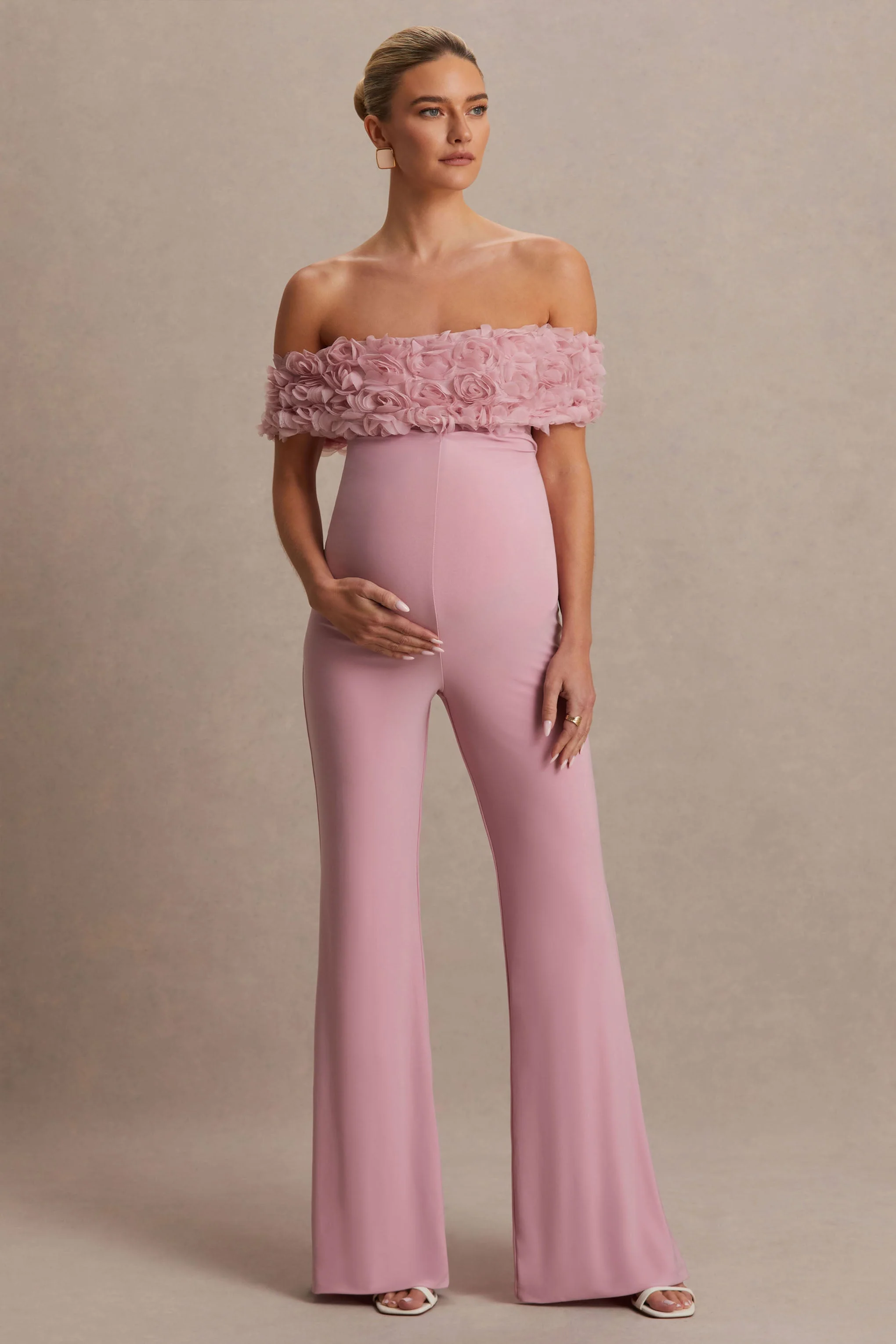 Sallow | Pink Floral Bardot Maternity Jumpsuit - Image 4