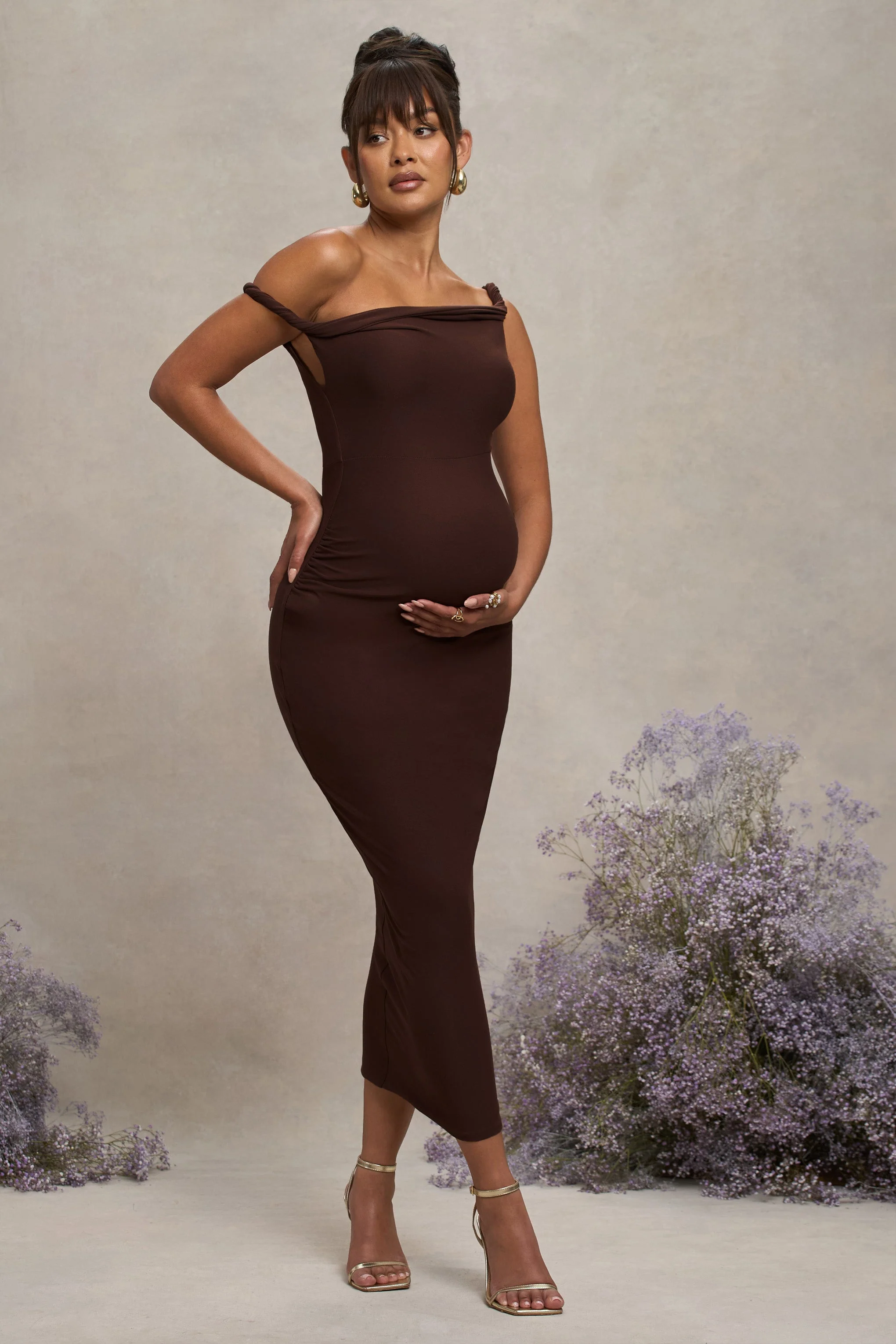 Salome | Chocolate Brown Twisted Asymmetric Maternity Midi Dress - Image 4
