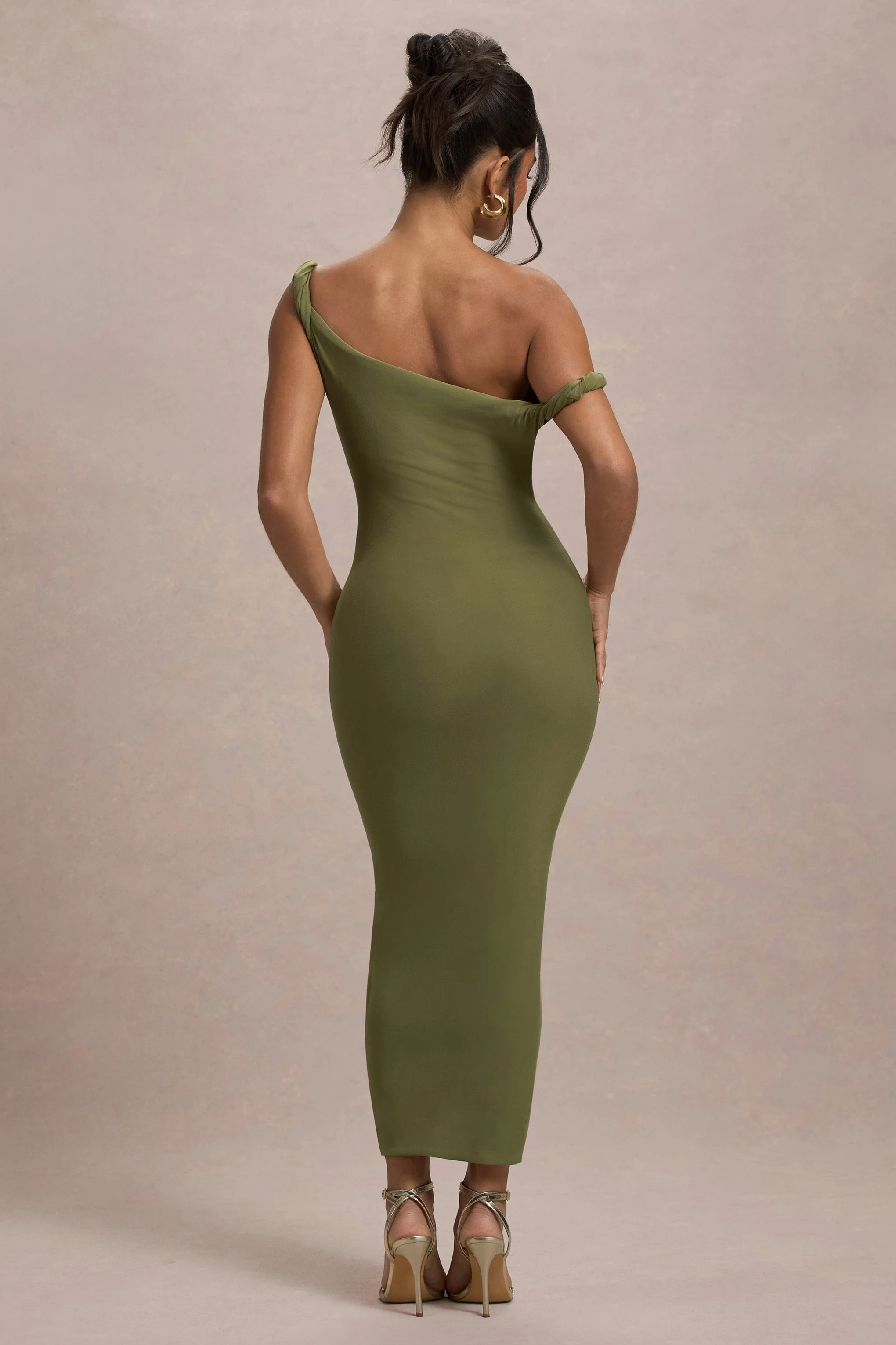 Salome | Olive Twisted Asymmetric Midi Dress - Image 2
