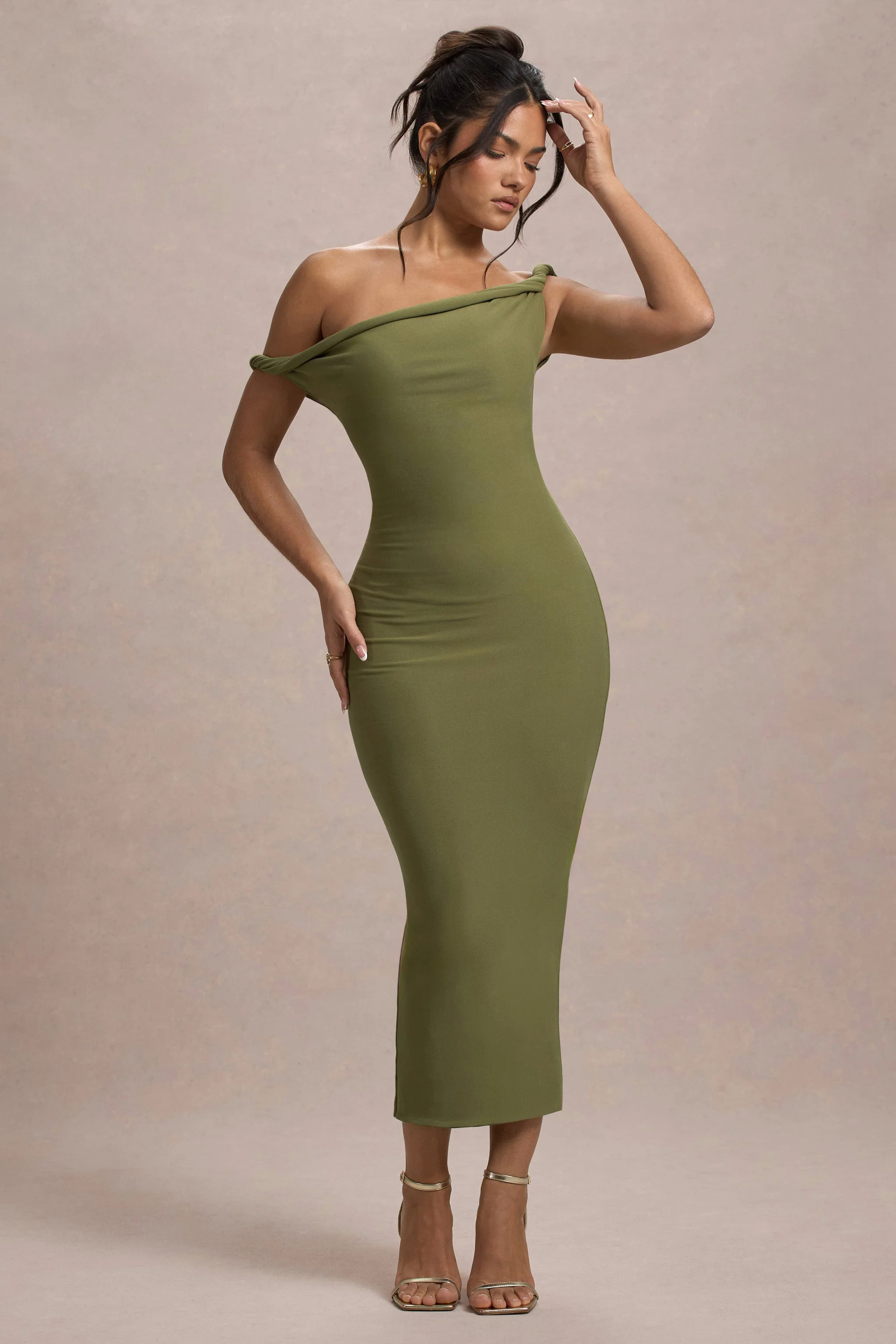 Salome | Olive Twisted Asymmetric Midi Dress - Image 4