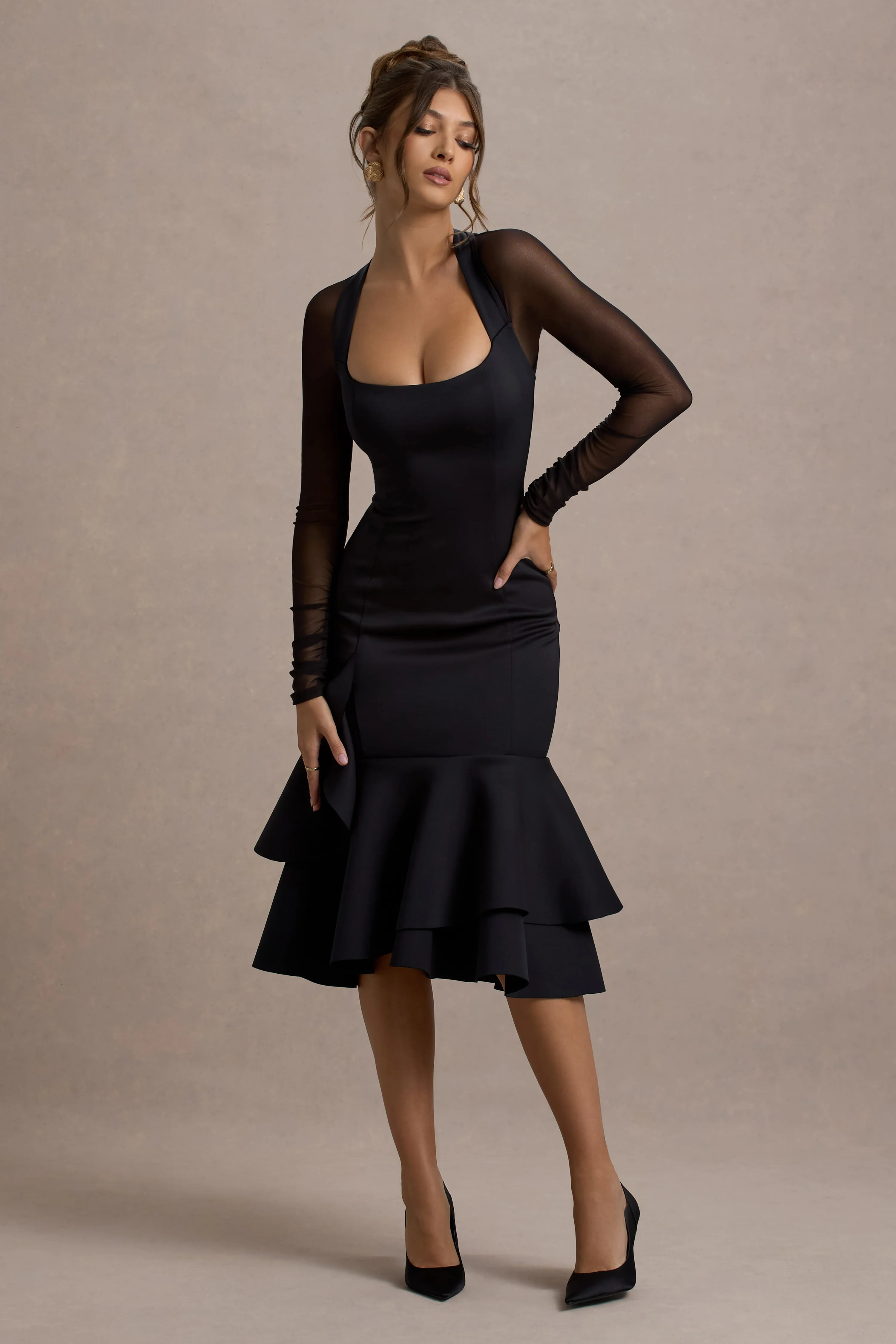Sander | Black Mesh Long-Sleeve Ruffle-Hem Midi Dress - Image 4