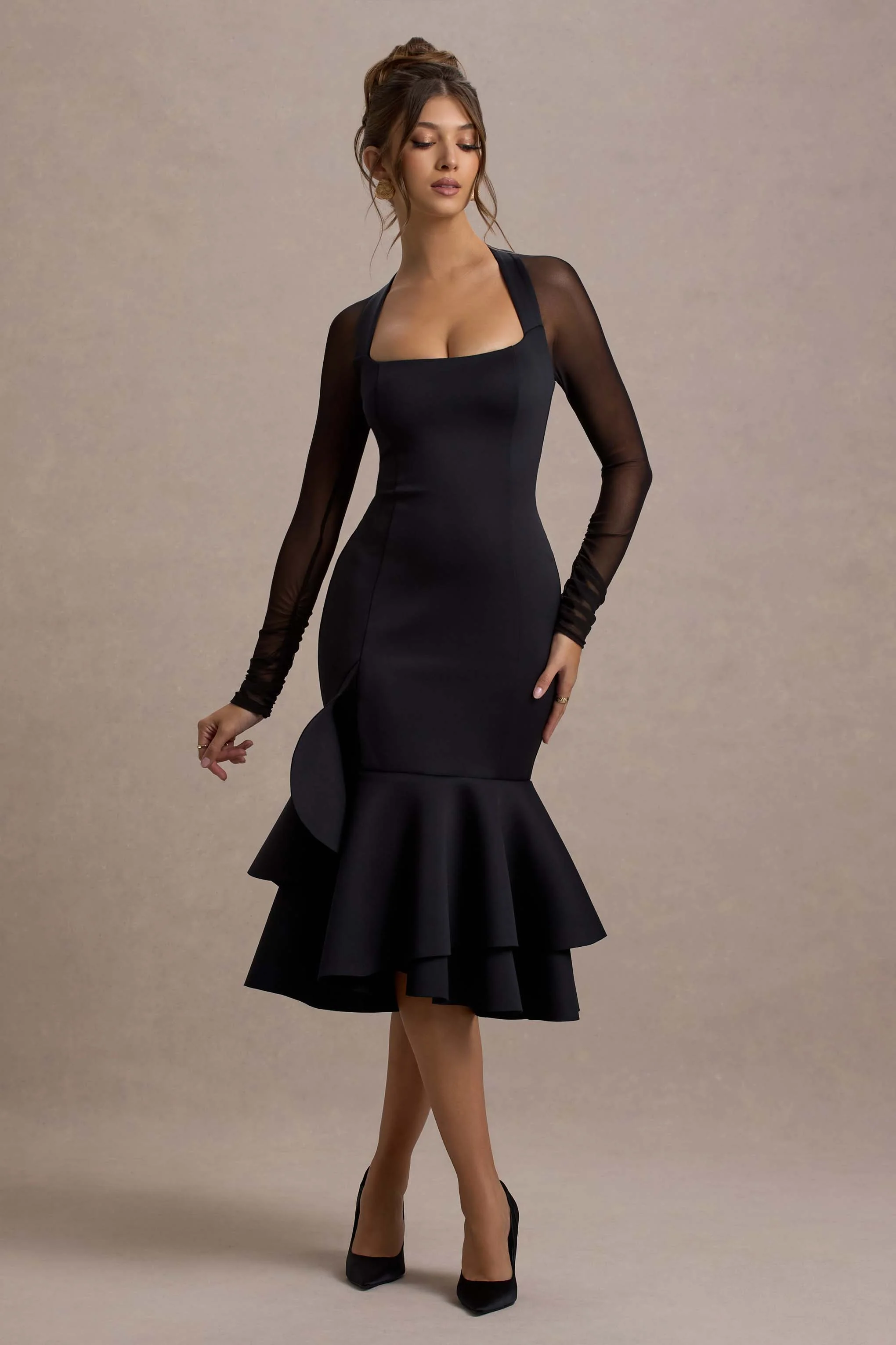 Sander | Black Mesh Long-Sleeve Ruffle-Hem Midi Dress - Image 5