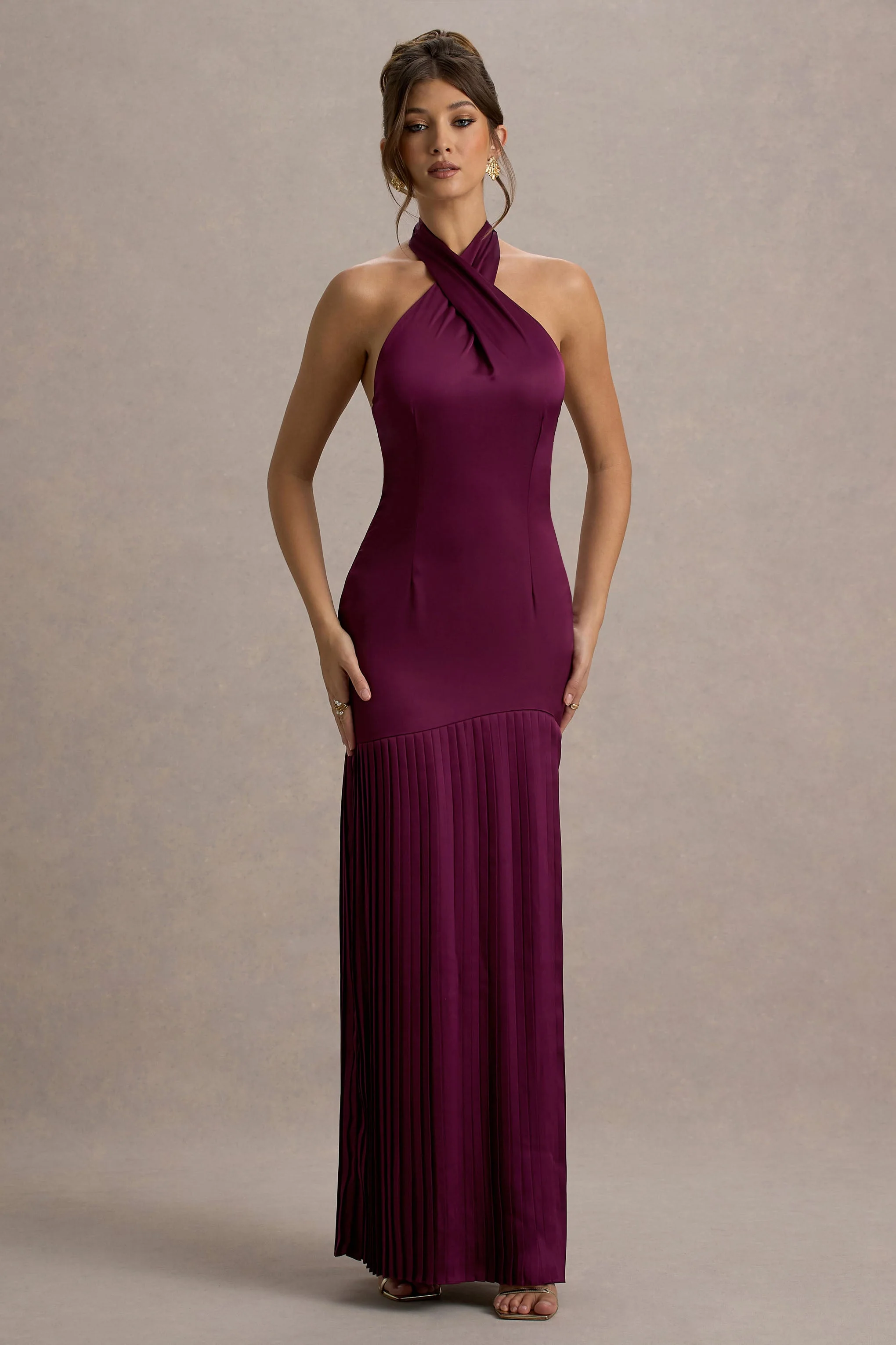 Sansa | Burgundy Satin Cross Halter-Neck Plisse Maxi Dress - Image 6