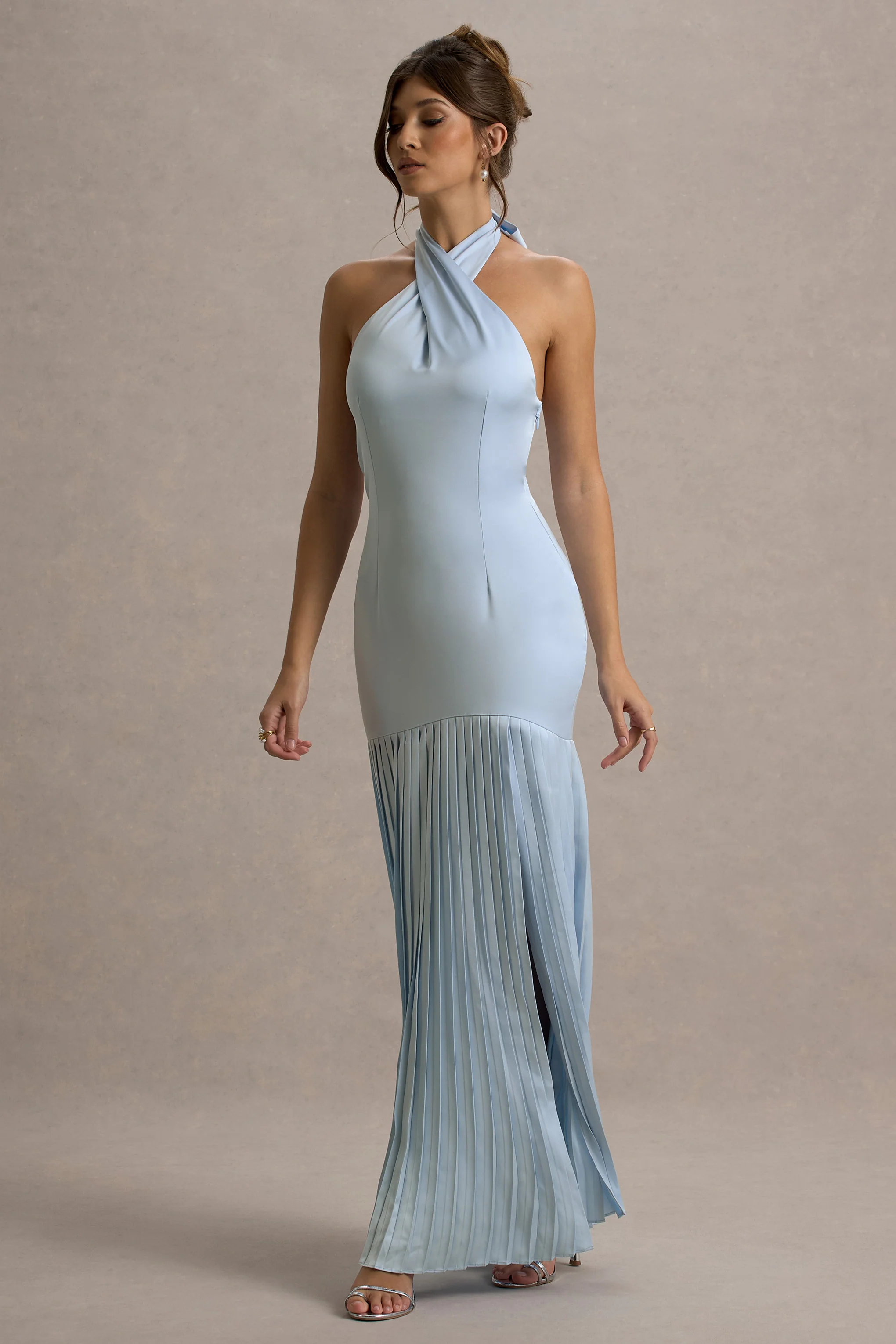 Sansa | Powder Blue Satin Cross Halter-Neck Plisse Maxi Dress - Image 6