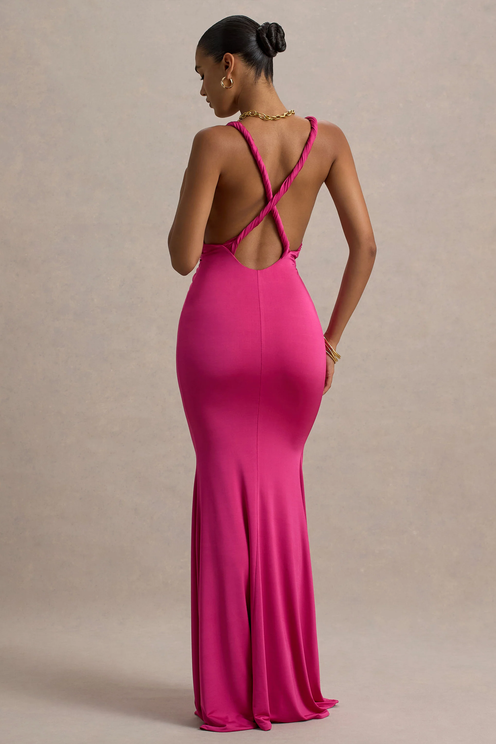 Santez | Hot Pink Twisted Plunge-Neck Maxi Dress - Image 2