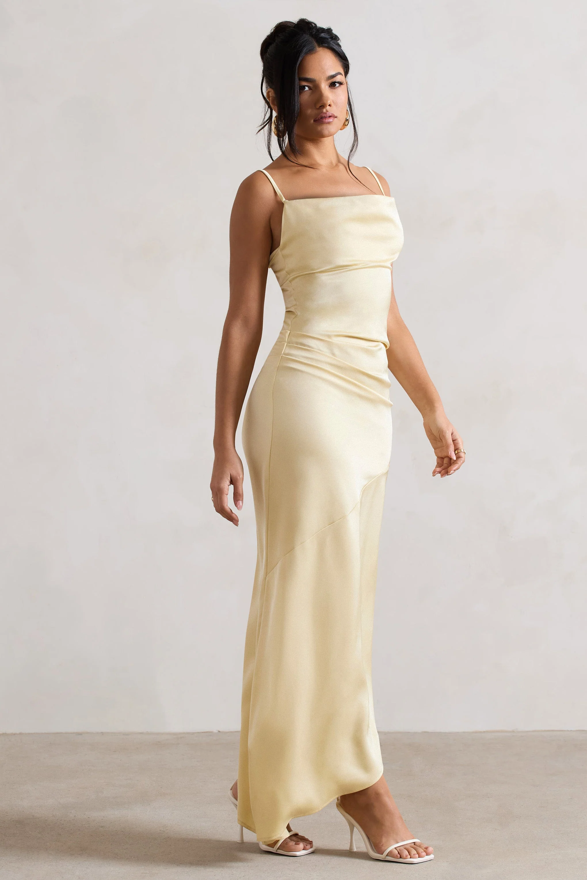 Santi | Lemon Satin Cowl-Neck Asymmetric Maxi Dress - Image 4