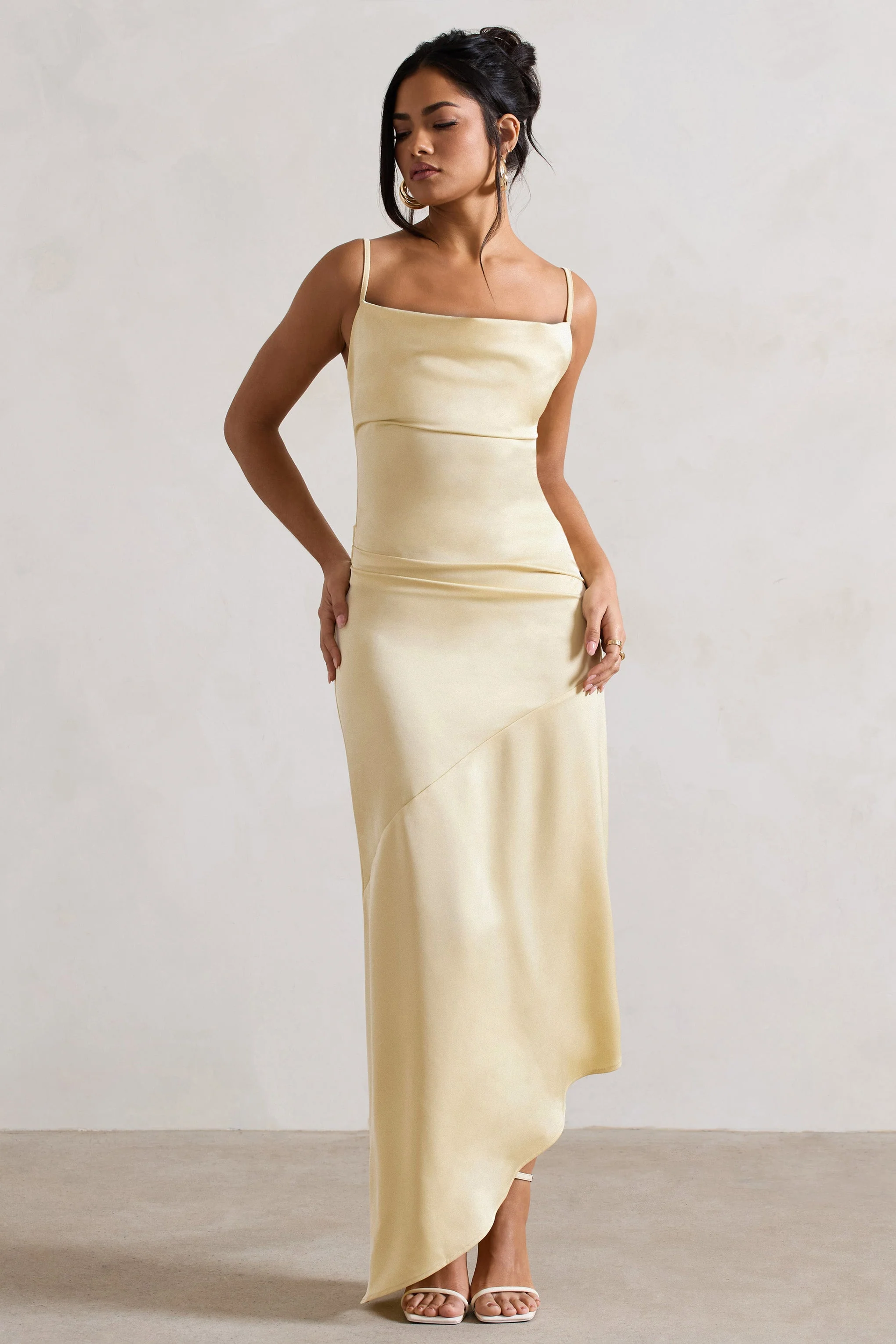 Santi | Lemon Satin Cowl-Neck Asymmetric Maxi Dress - Image 5