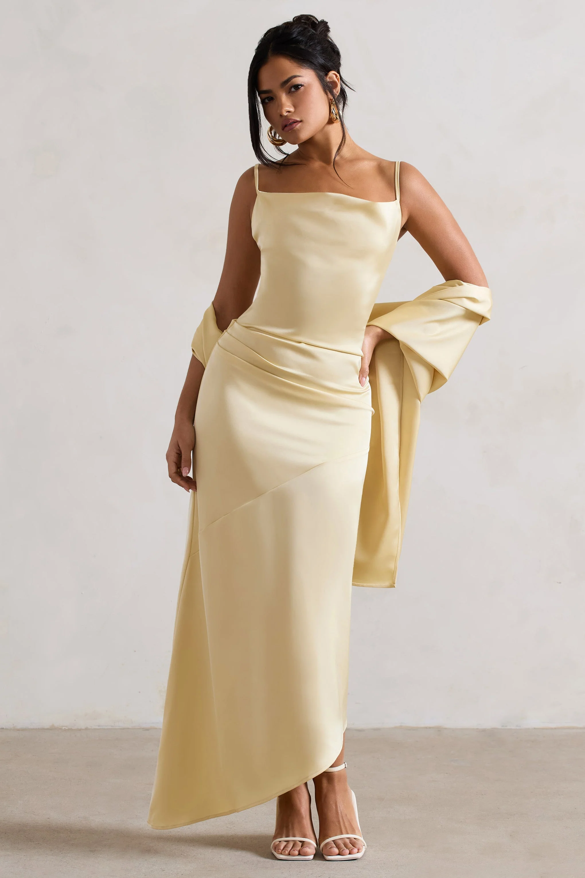 Santi | Lemon Satin Cowl-Neck Asymmetric Maxi Dress - Image 6