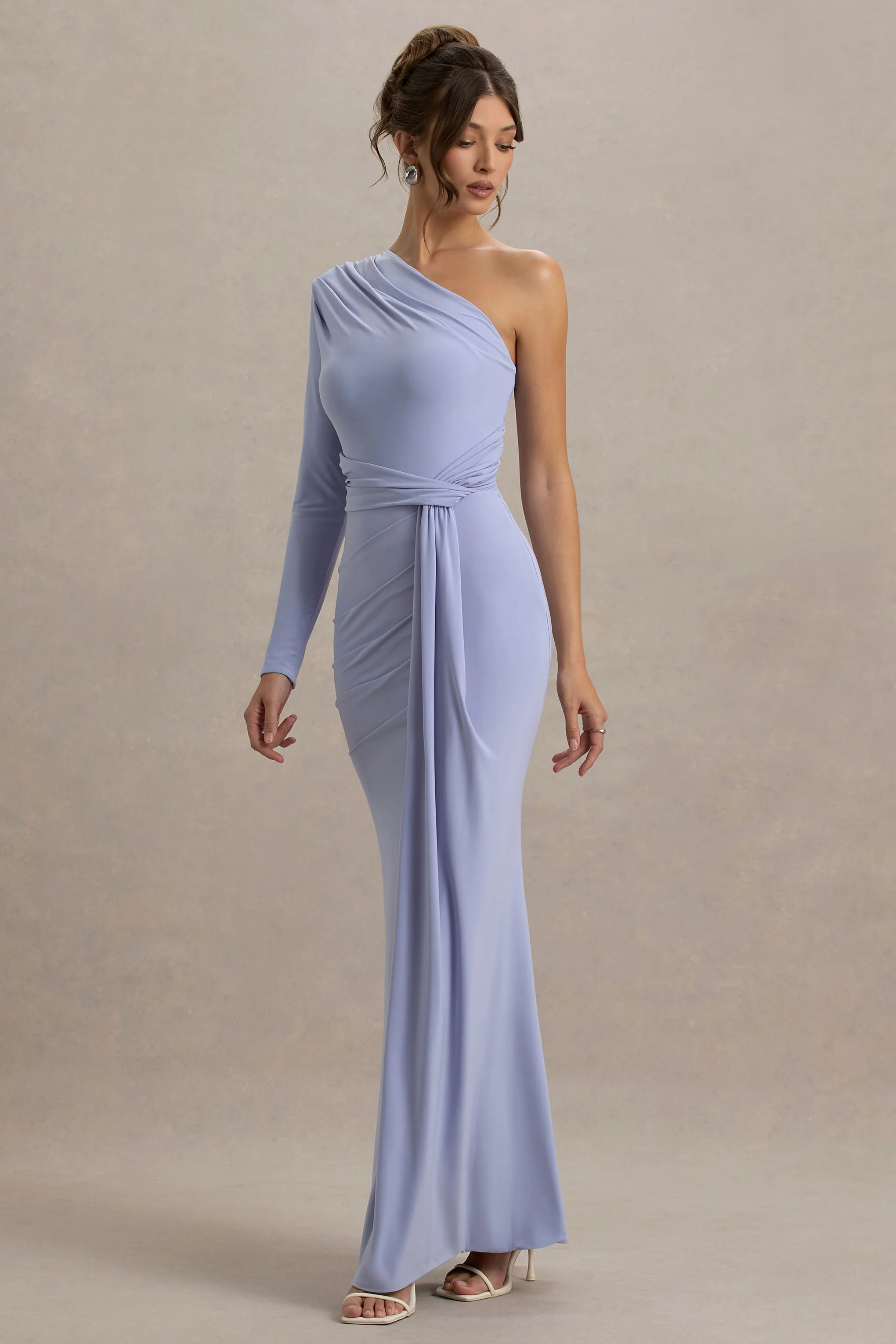 Sanya | Pale Blue Asymmetric One Sleeve Wrap Maxi Dress with Drape - Image 4