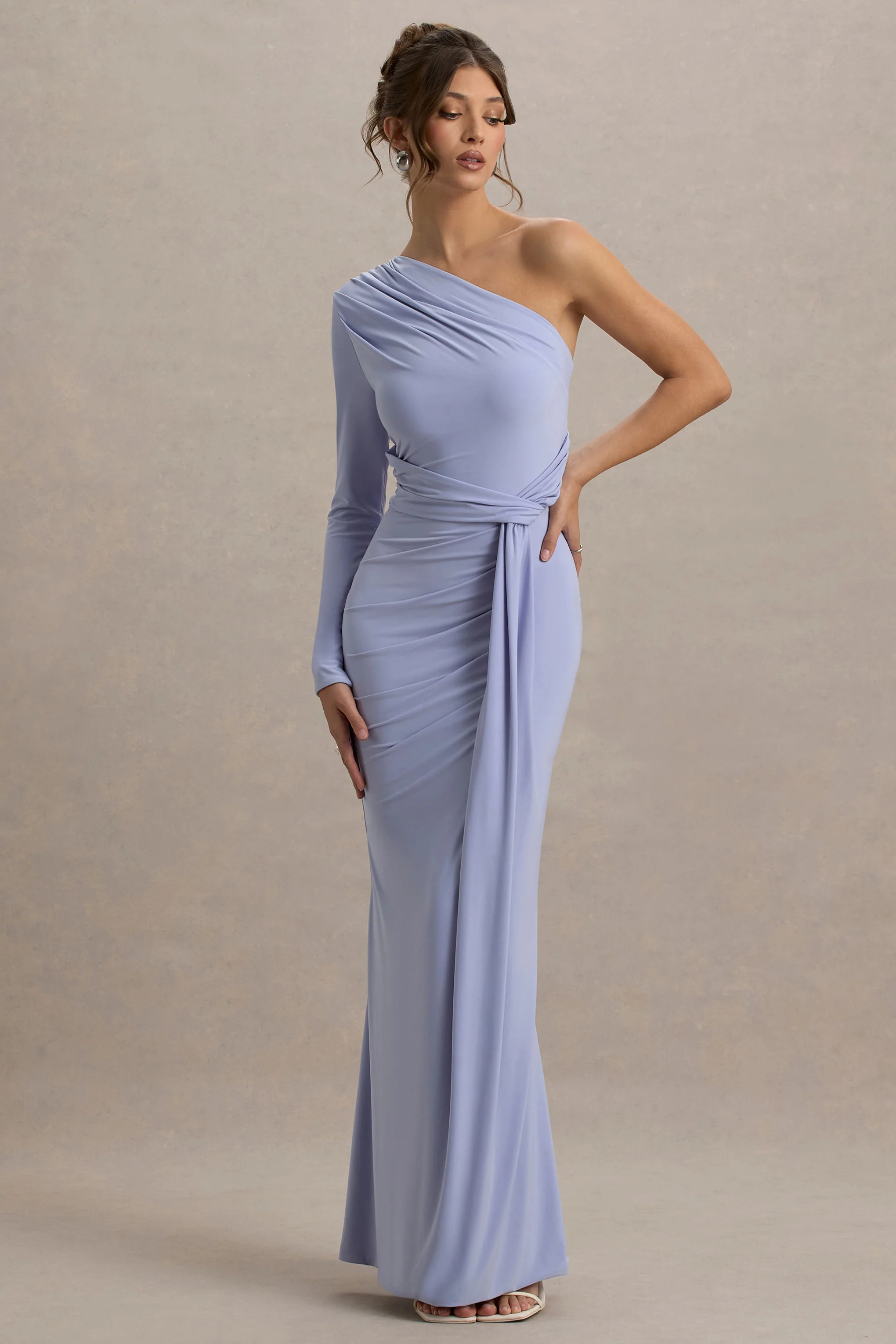 Sanya | Pale Blue Asymmetric One Sleeve Wrap Maxi Dress with Drape - Image 5