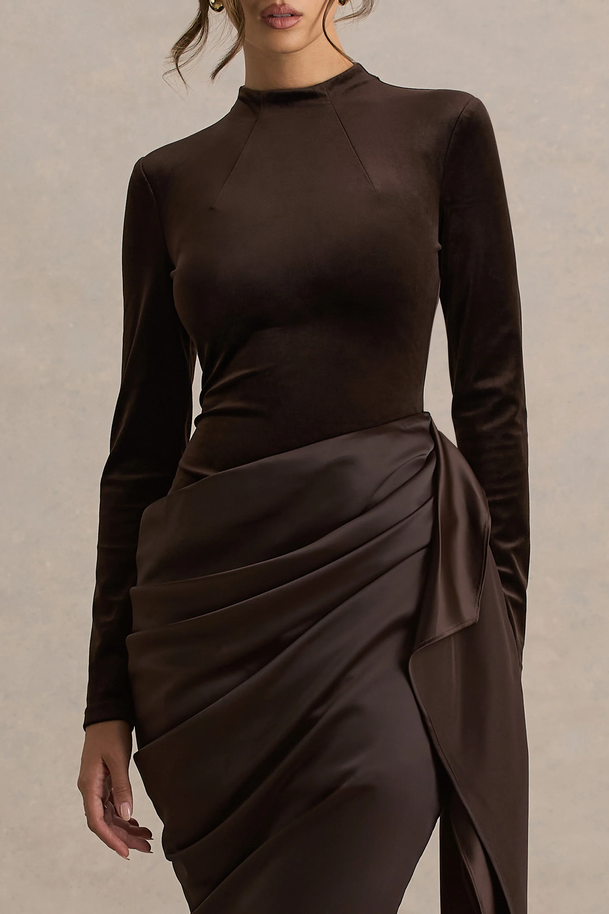 Sasha | Brown Satin And Velvet Midi Dress With Wrap-Detail - Image 3