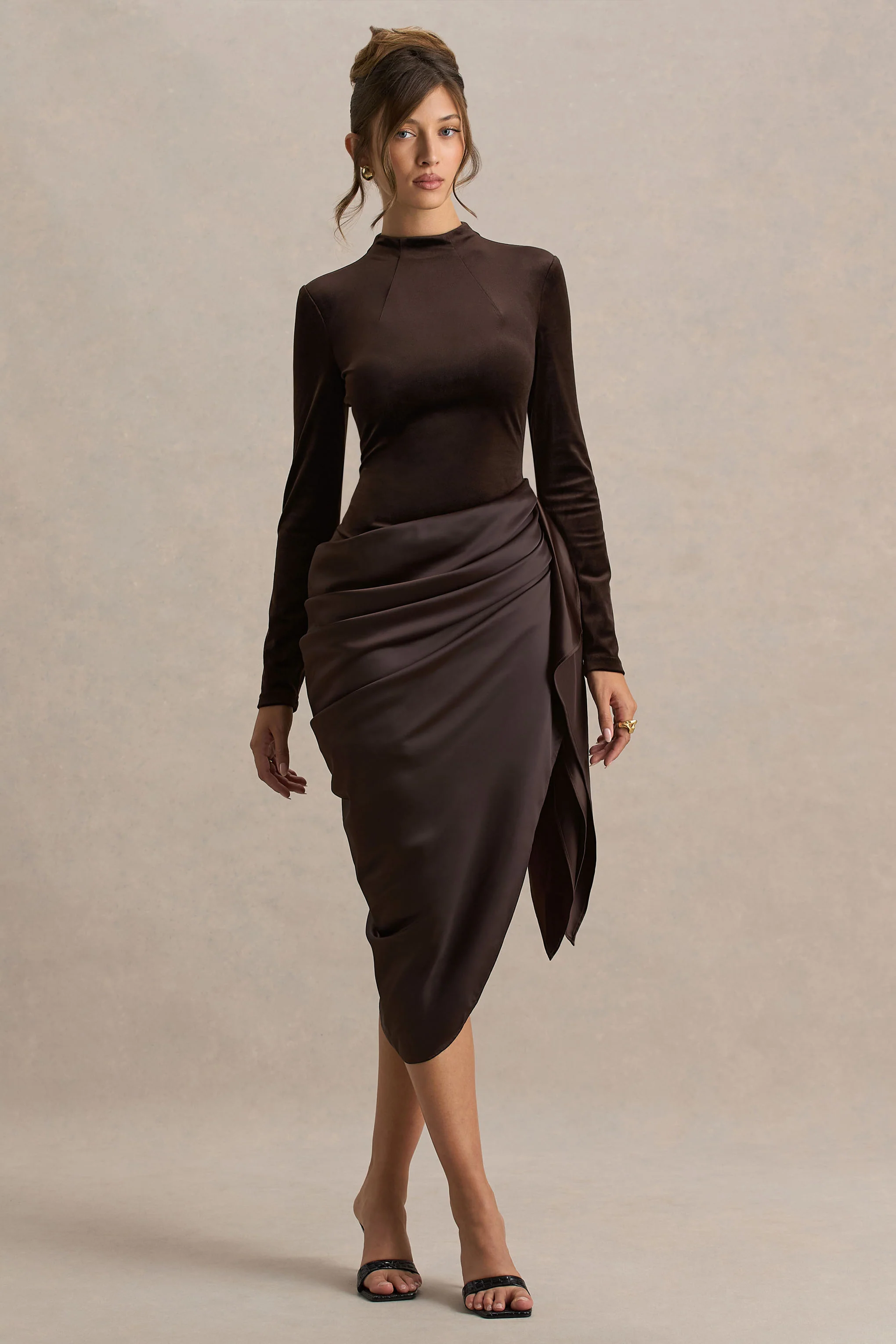Sasha | Brown Satin And Velvet Midi Dress With Wrap-Detail - Image 5