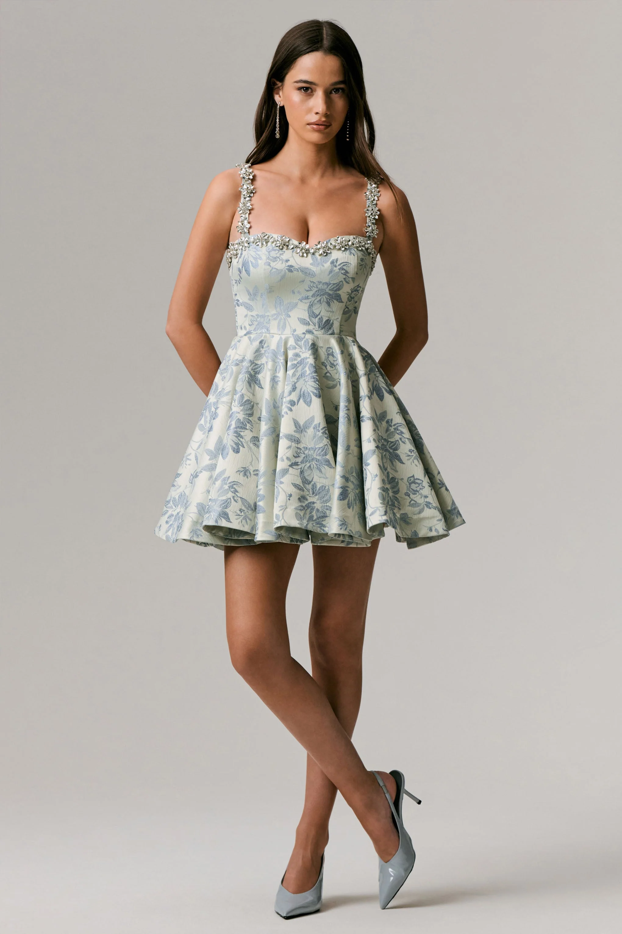 Seashell | Light Blue Jacquard Embellished Sweetheart-Neck Skater Mini Dress - Image 5
