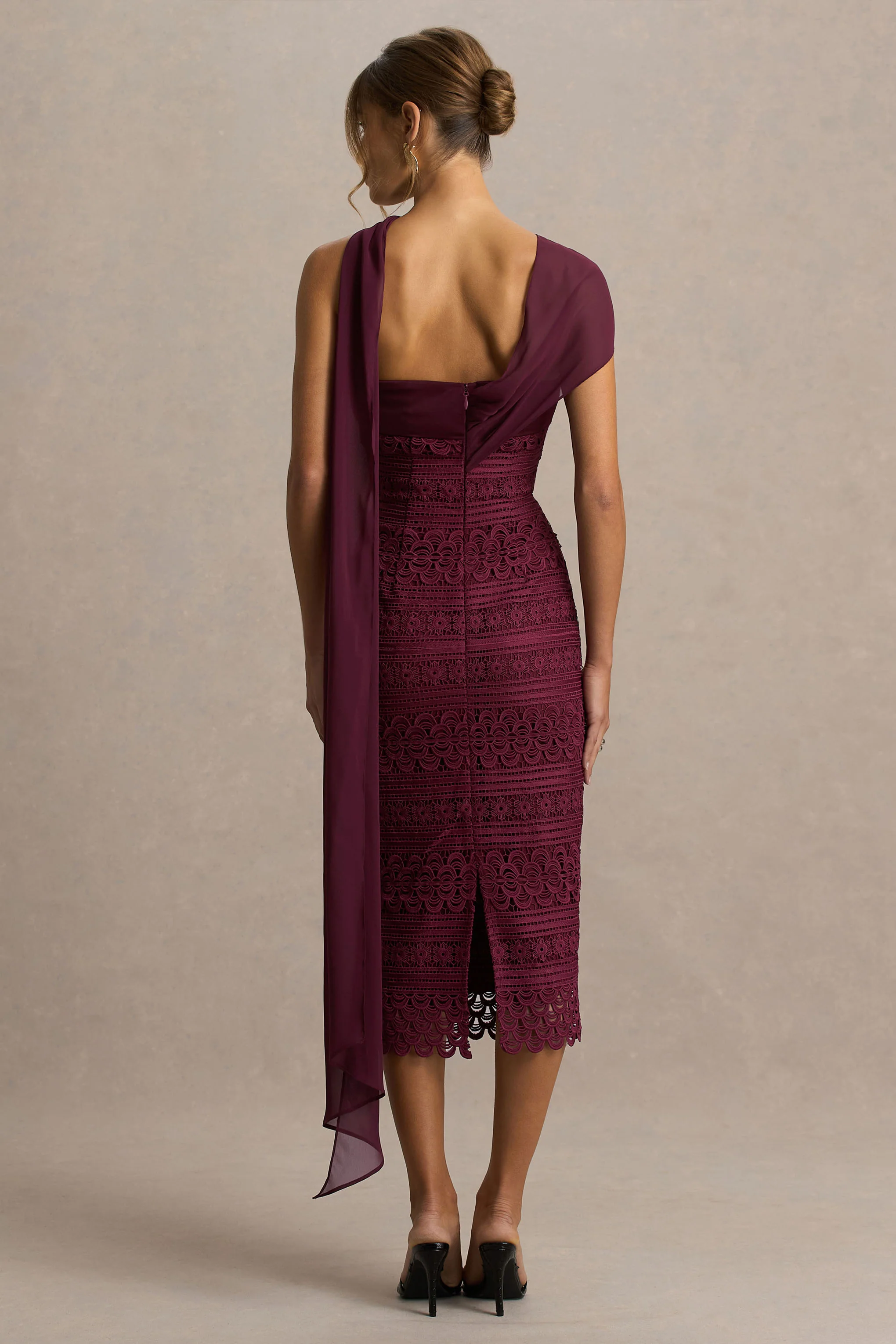 Secret | Burgundy Bandeau Lace Midi Dress With Scarf Detail - Image 2