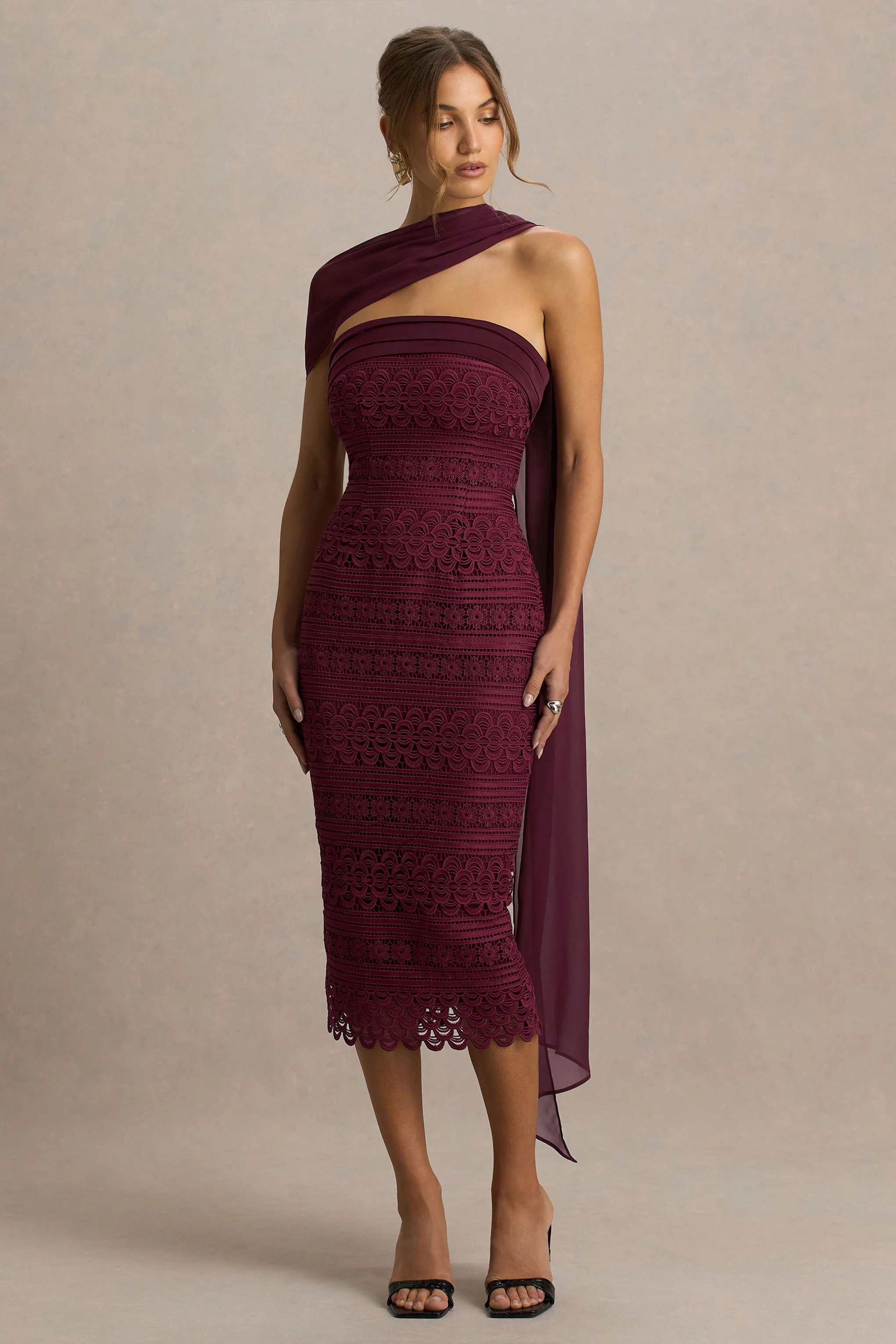 Secret | Burgundy Bandeau Lace Midi Dress With Scarf Detail - Image 4