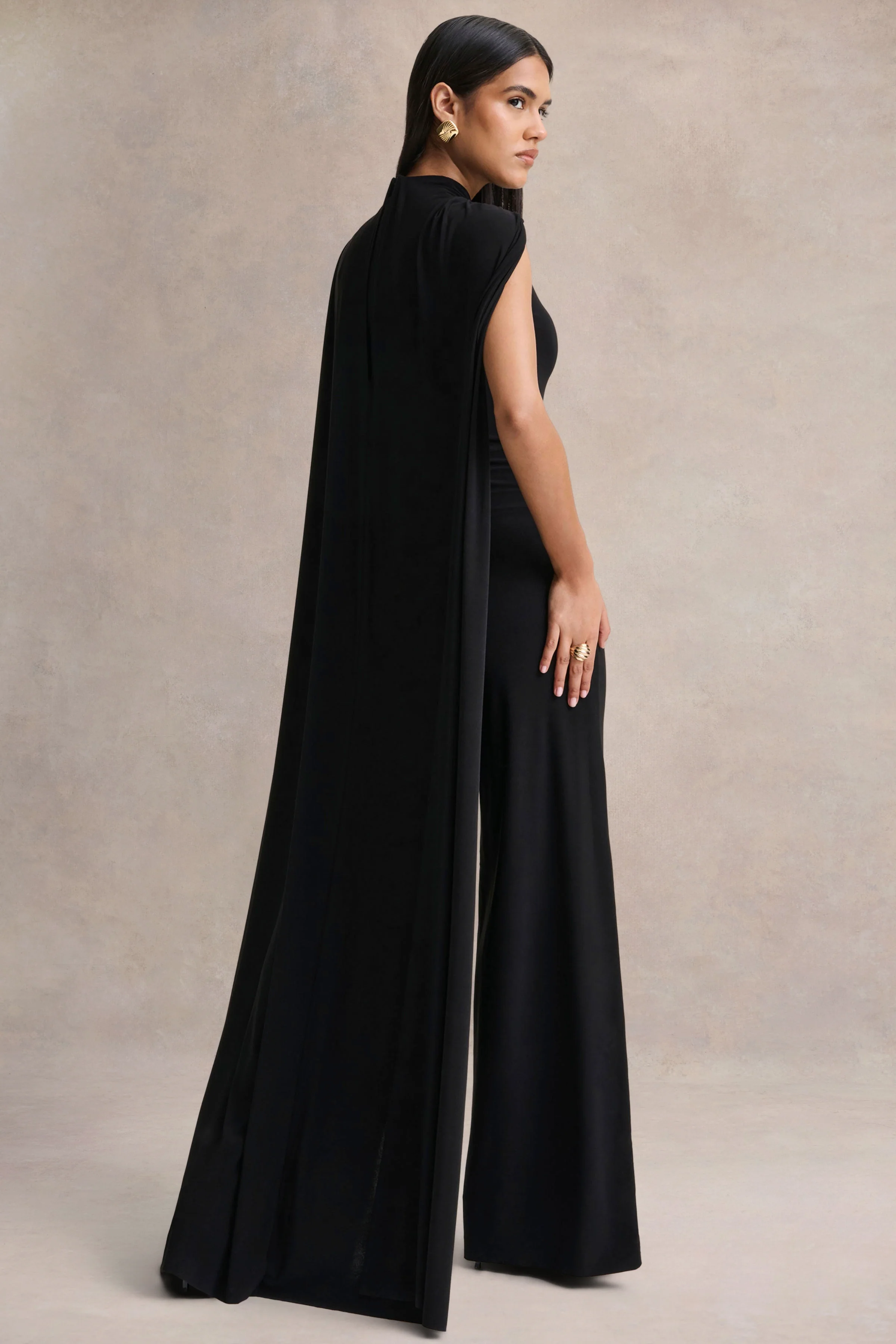 Seema | Black High-Neck Jumpsuit With Cape - Image 2