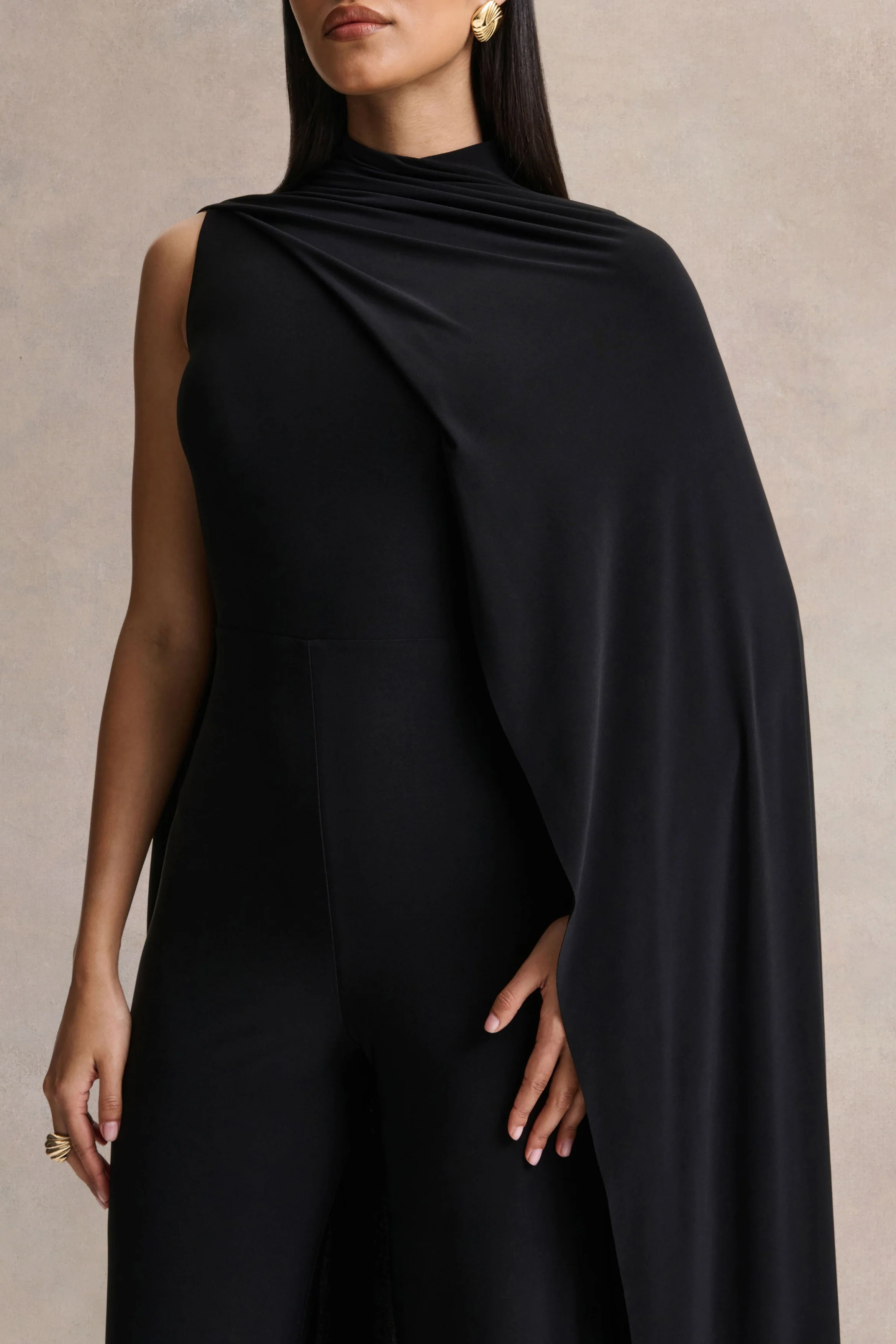 Seema | Black High-Neck Jumpsuit With Cape - Image 3