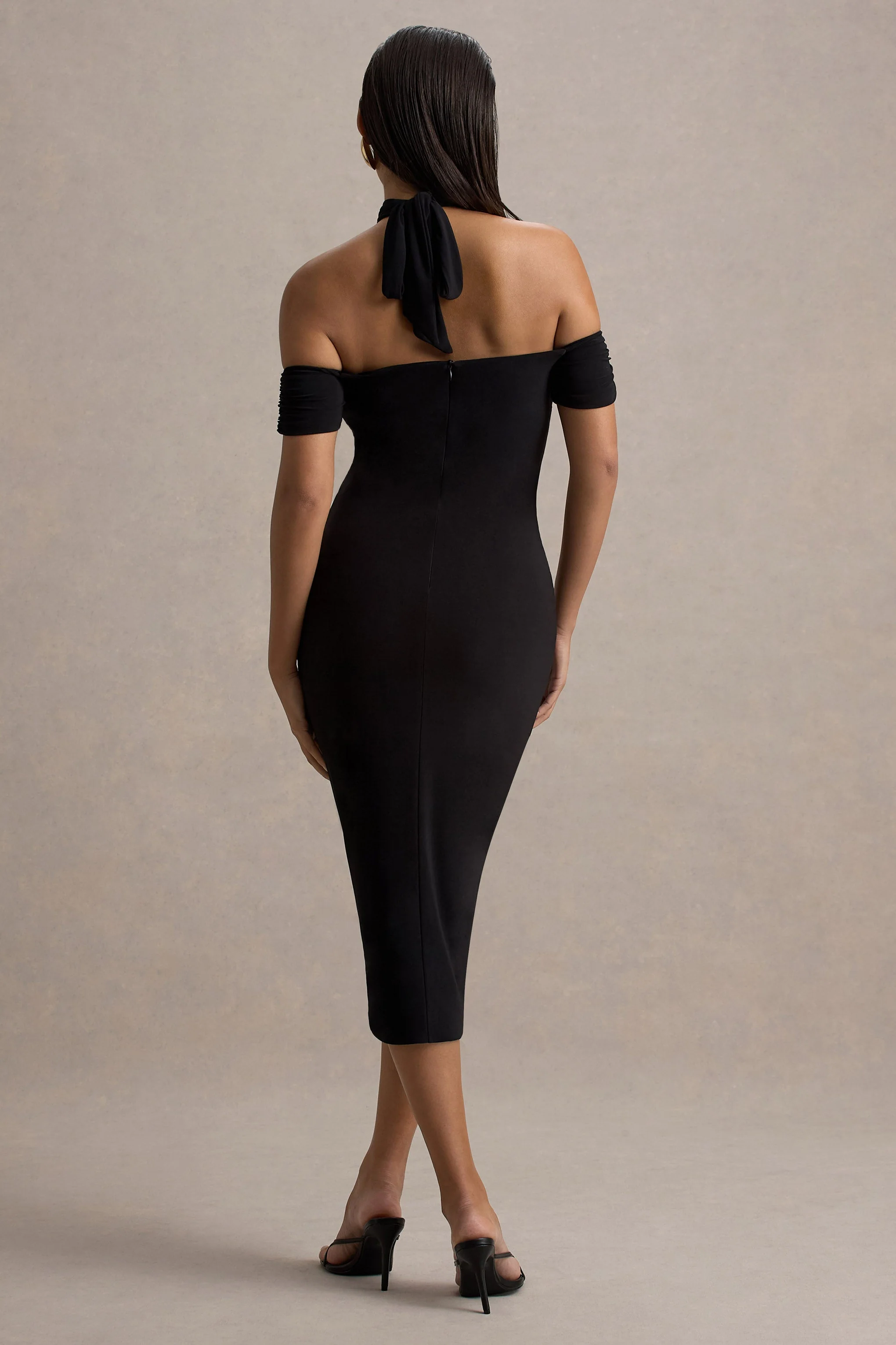 Selvina | Black Cut-Out Halter-Neck Midi Dress - Image 2