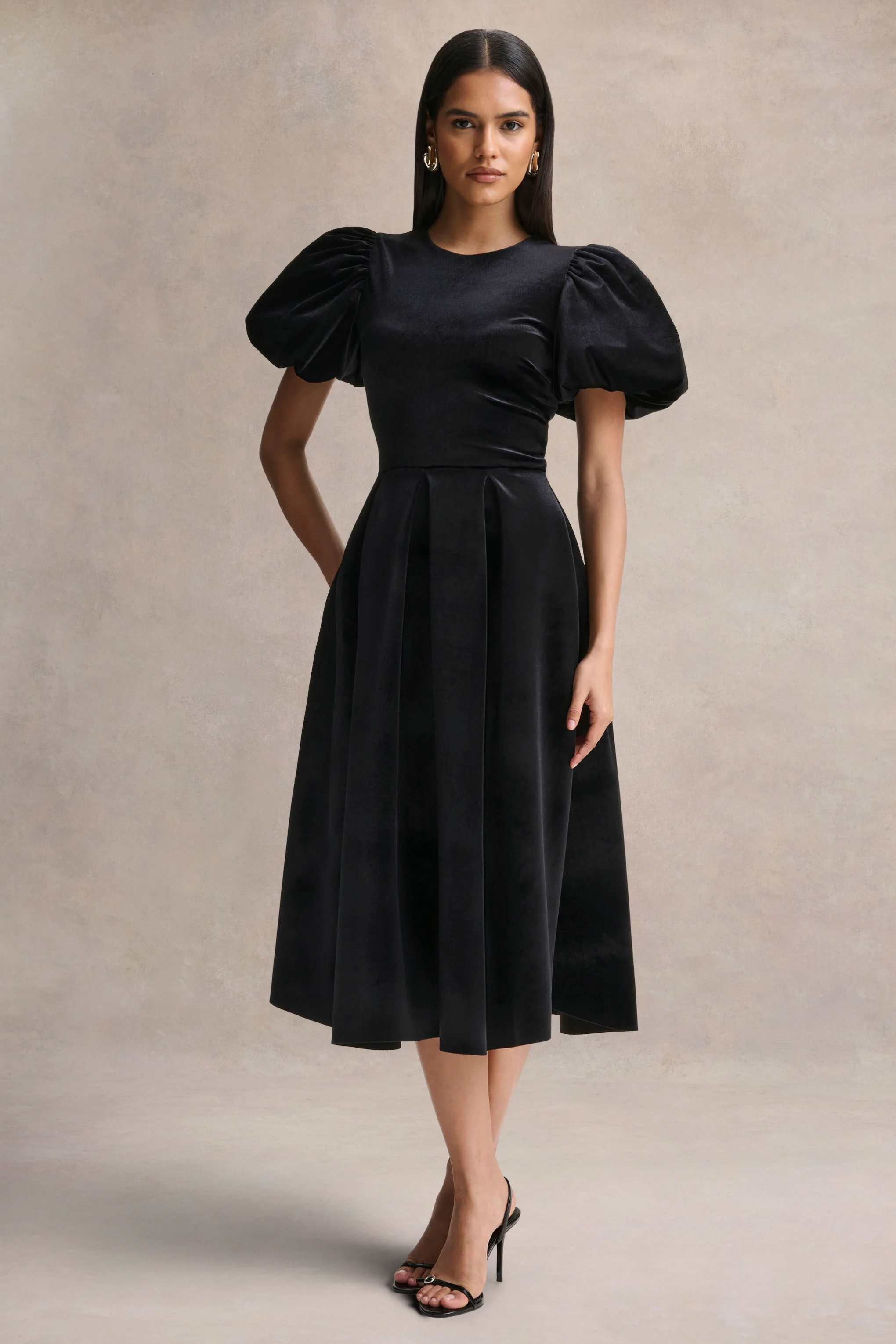 Seraphic | Black Velvet Puff-Sleeve Midi Dress - Image 6