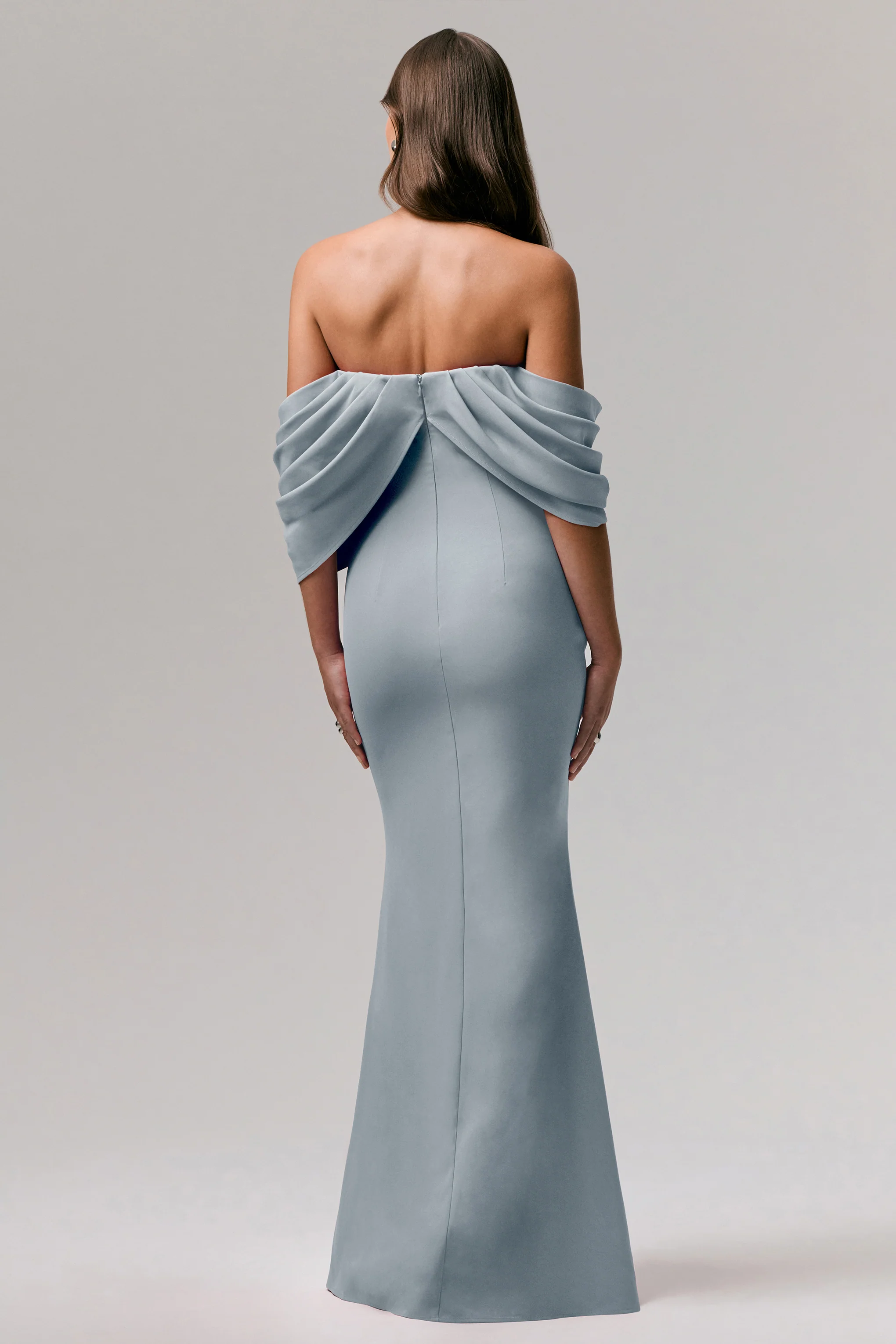 Serene | Powder Blue Draped Bardot Maxi Dress - Image 2