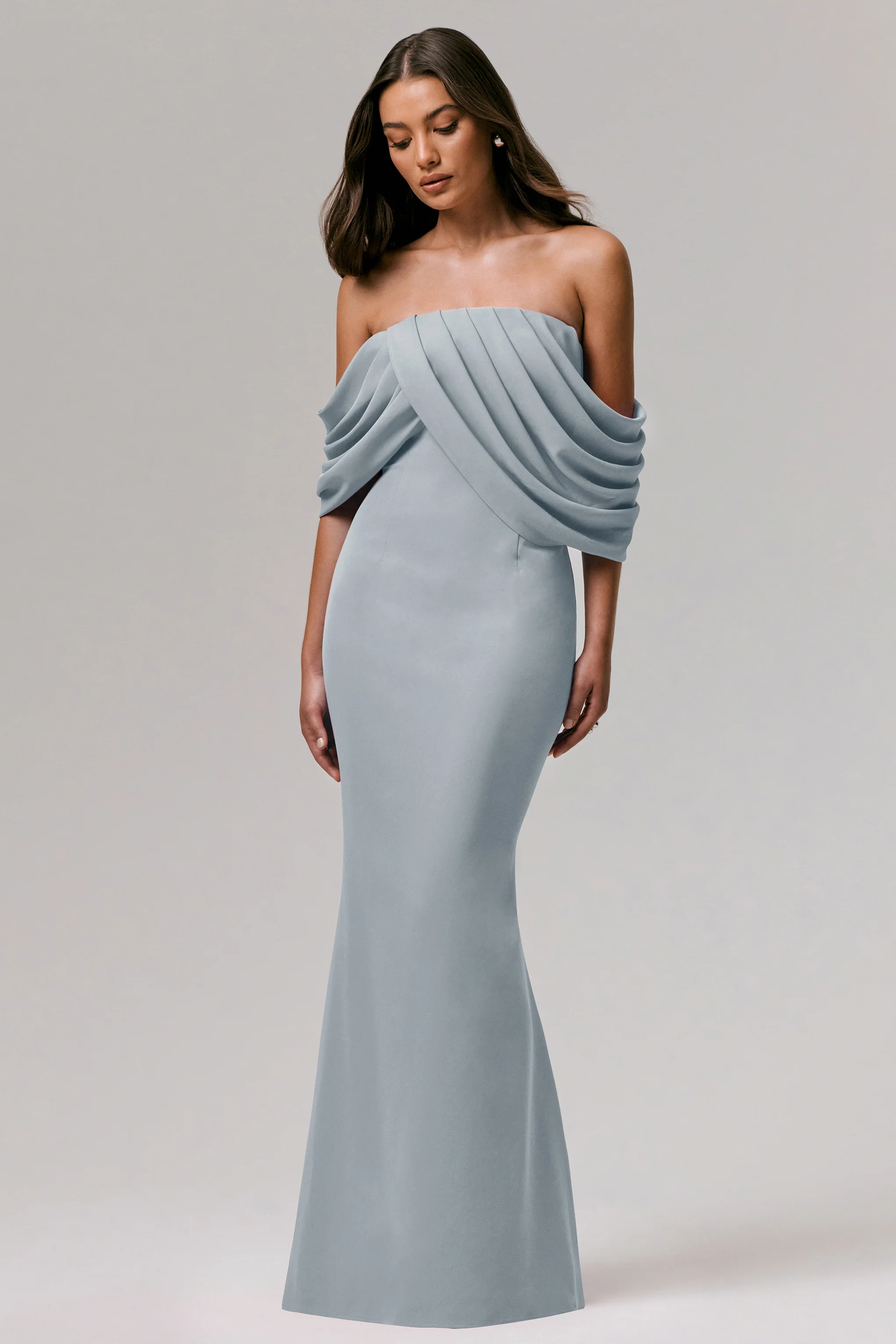 Serene | Powder Blue Draped Bardot Maxi Dress - Image 4