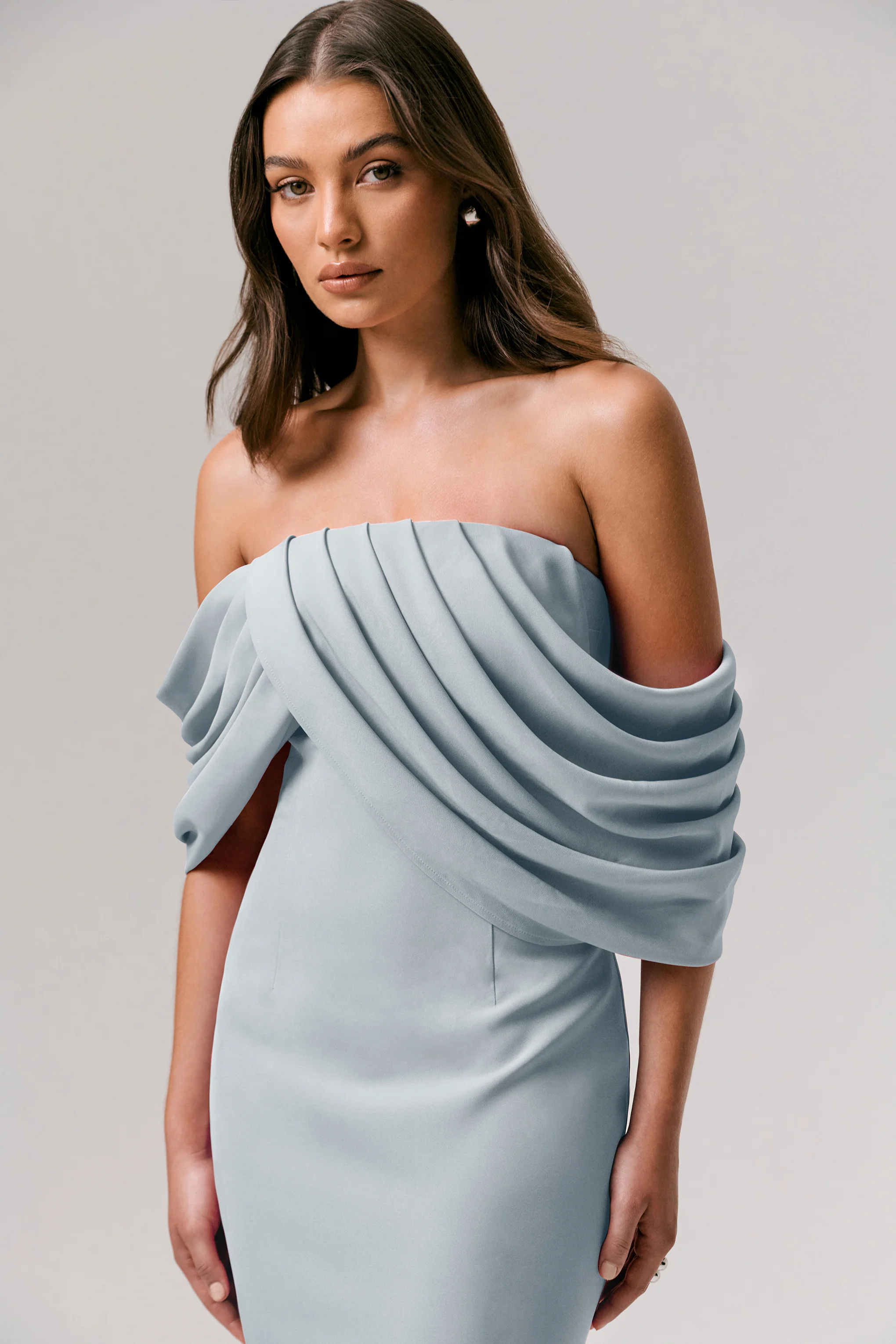 Serene | Powder Blue Draped Bardot Maxi Dress - Image 5
