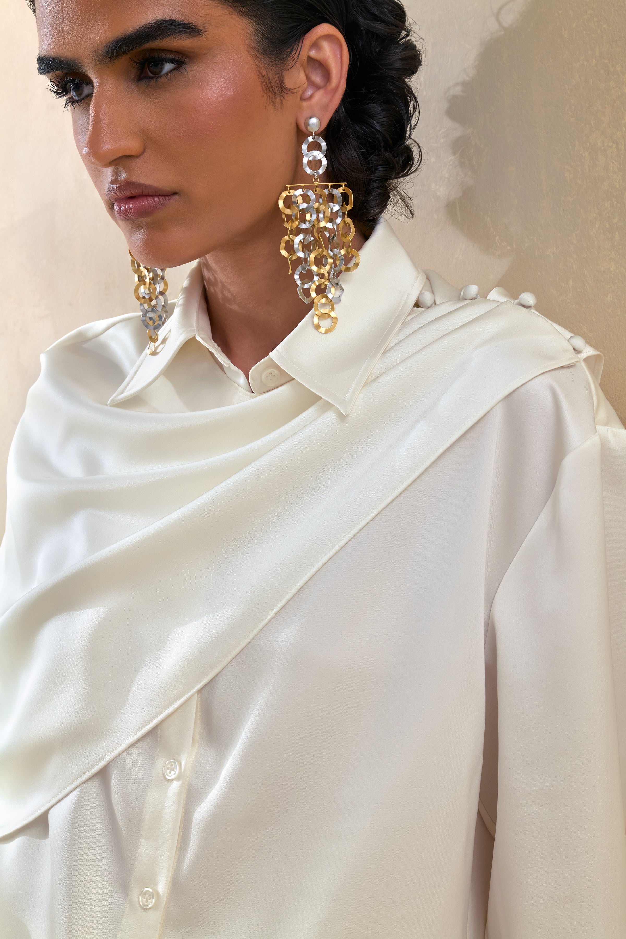Serenza | Cream Satin Collared-Shirt With Cape-Detail - Image 2