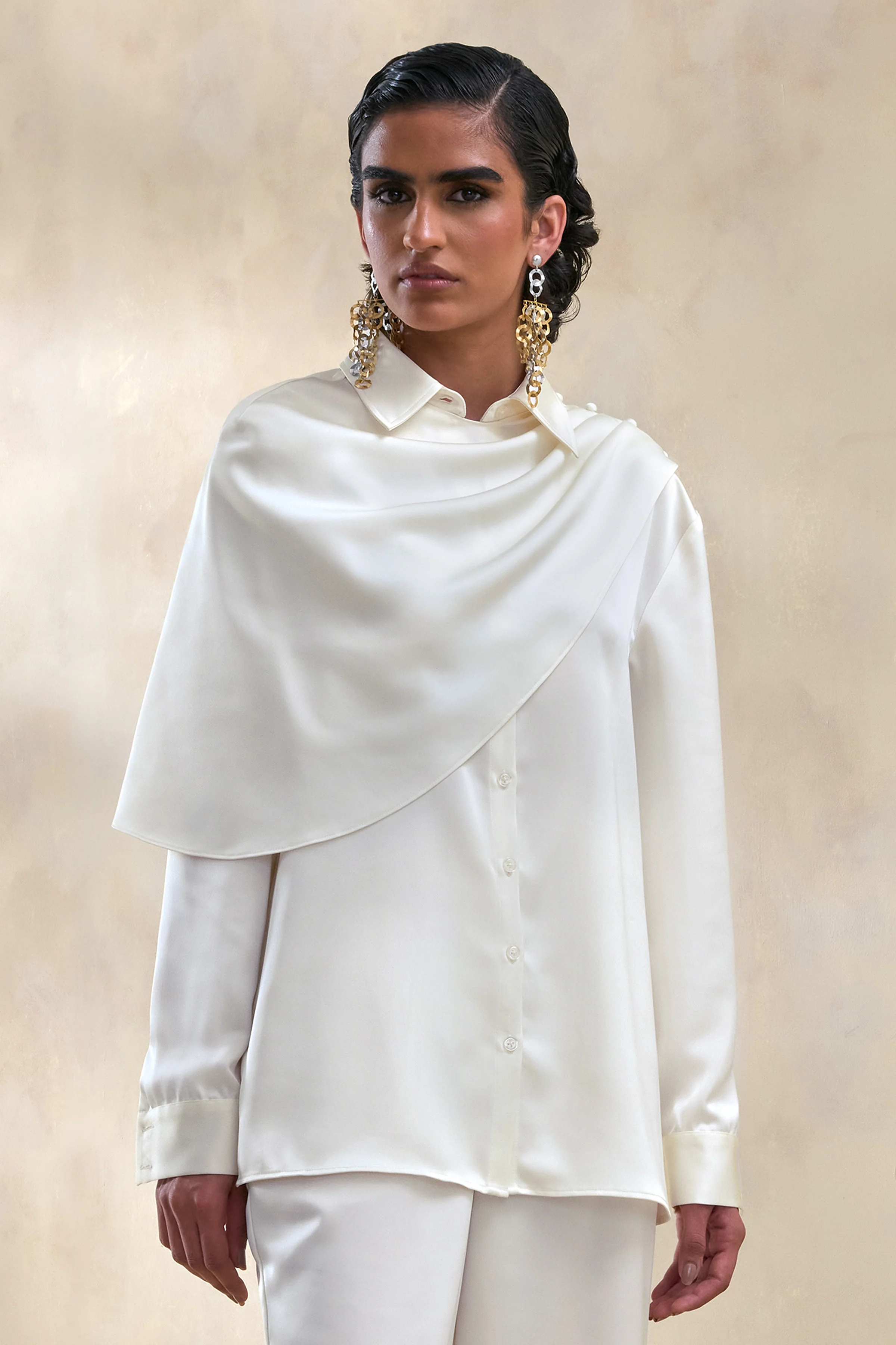Serenza | Cream Satin Collared-Shirt With Cape-Detail - Image 5