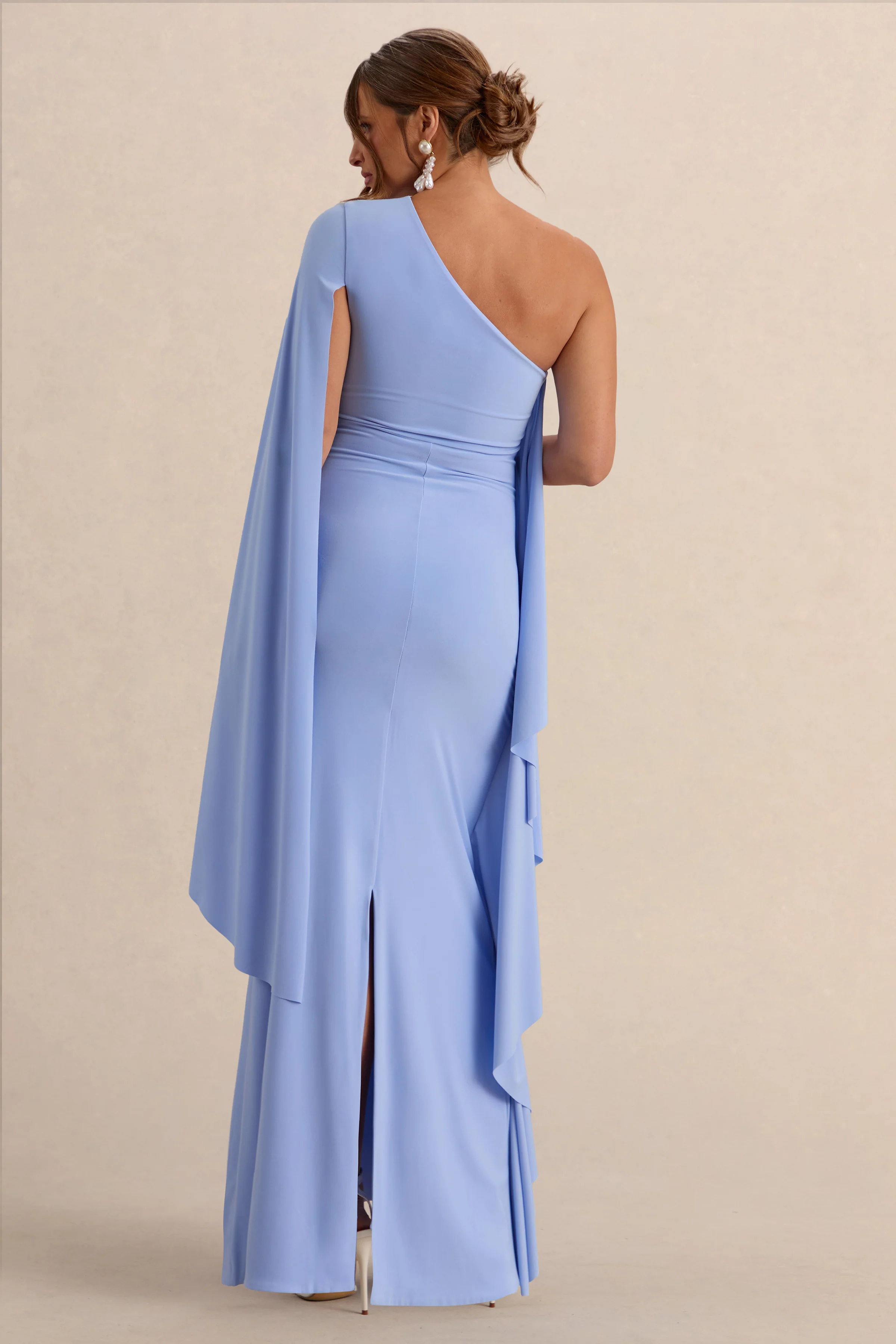 Shanae | Light Blue Asymmetric-Neck Maternity Maxi Dress With Cape Sleeve And Gathered Detailing - Image 2