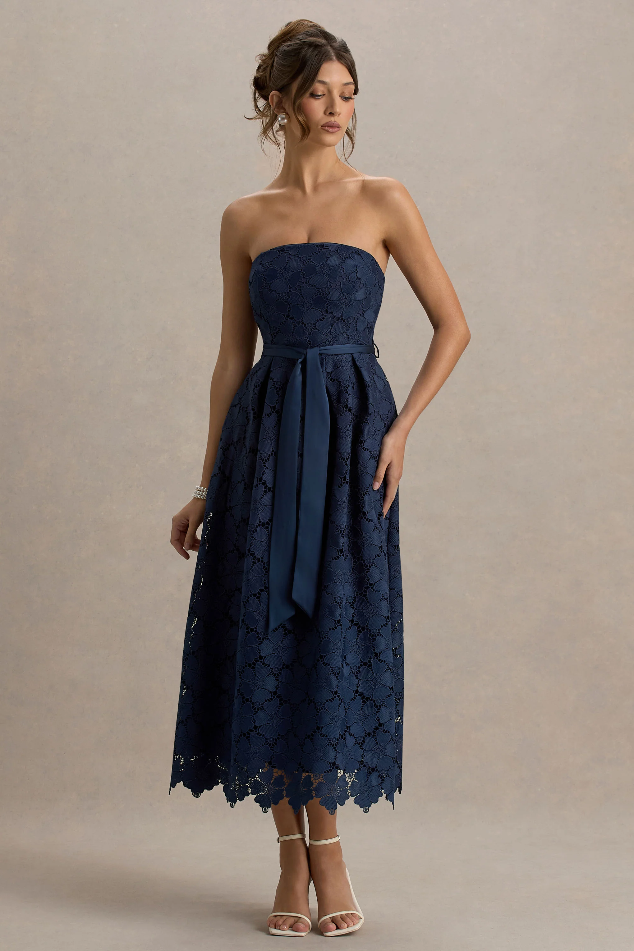 Shania | Navy Lace Bandeau Skater Midi Dress - Image 5