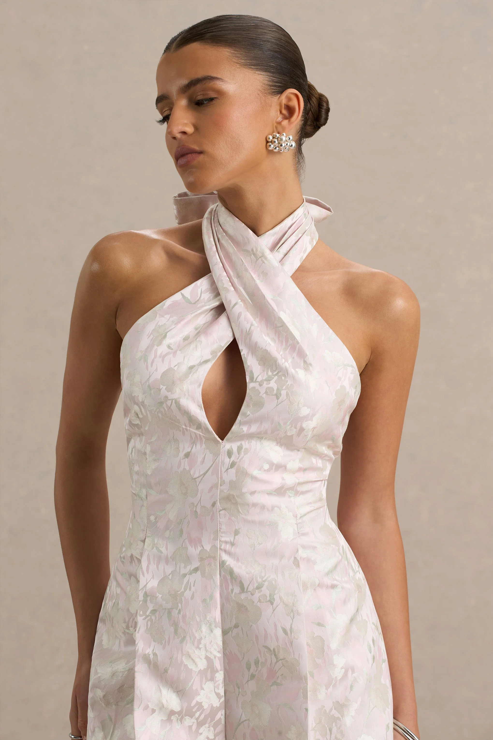 Sharie | Cream Floral Print Jacquard Halter-Neck Mini Dress With Cut-Out Detail - Image 6