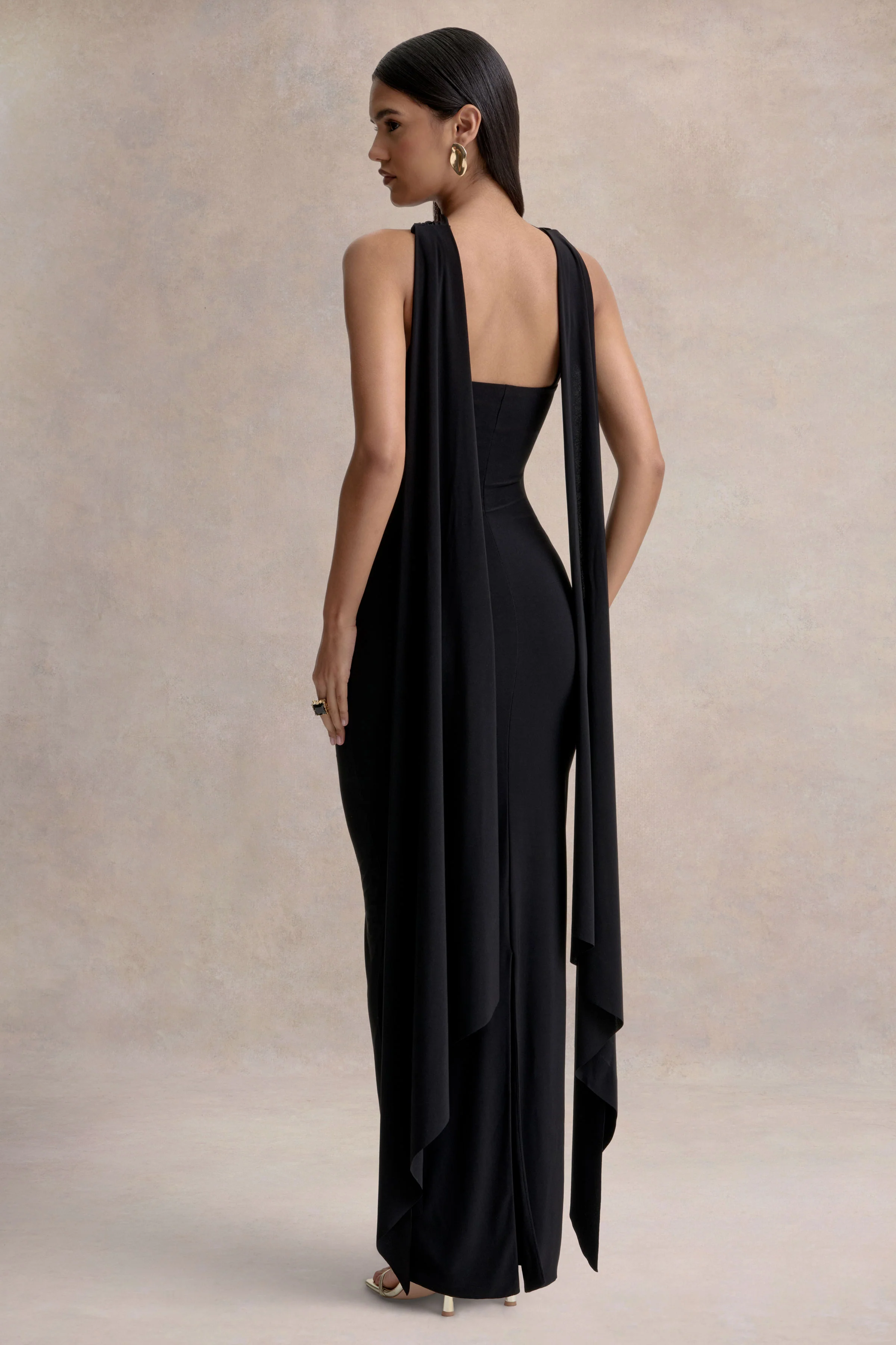 Sheila | Black Bandeau Maxi Dress With Scarf Detail - Image 2