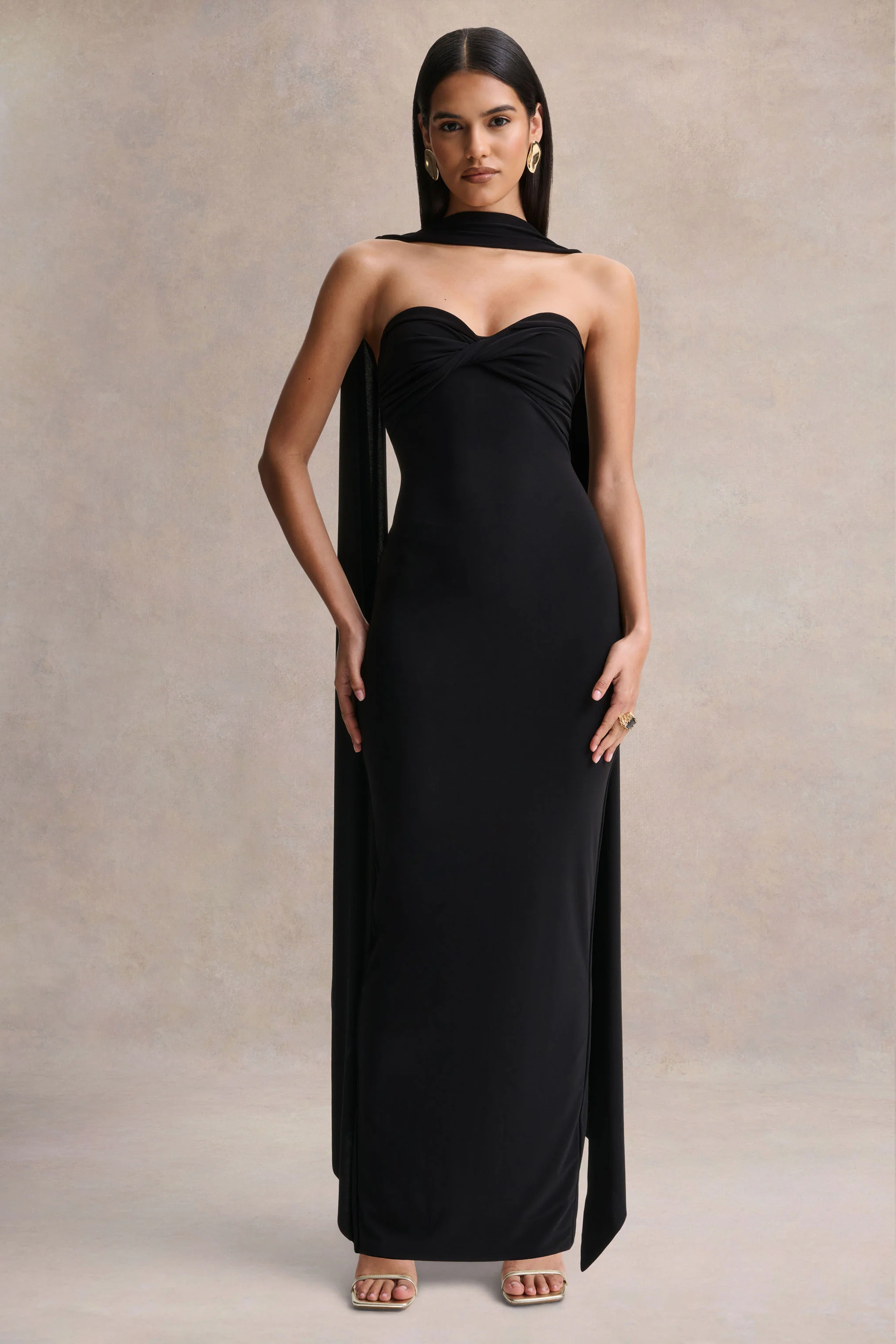 Sheila | Black Bandeau Maxi Dress With Scarf Detail - Image 5