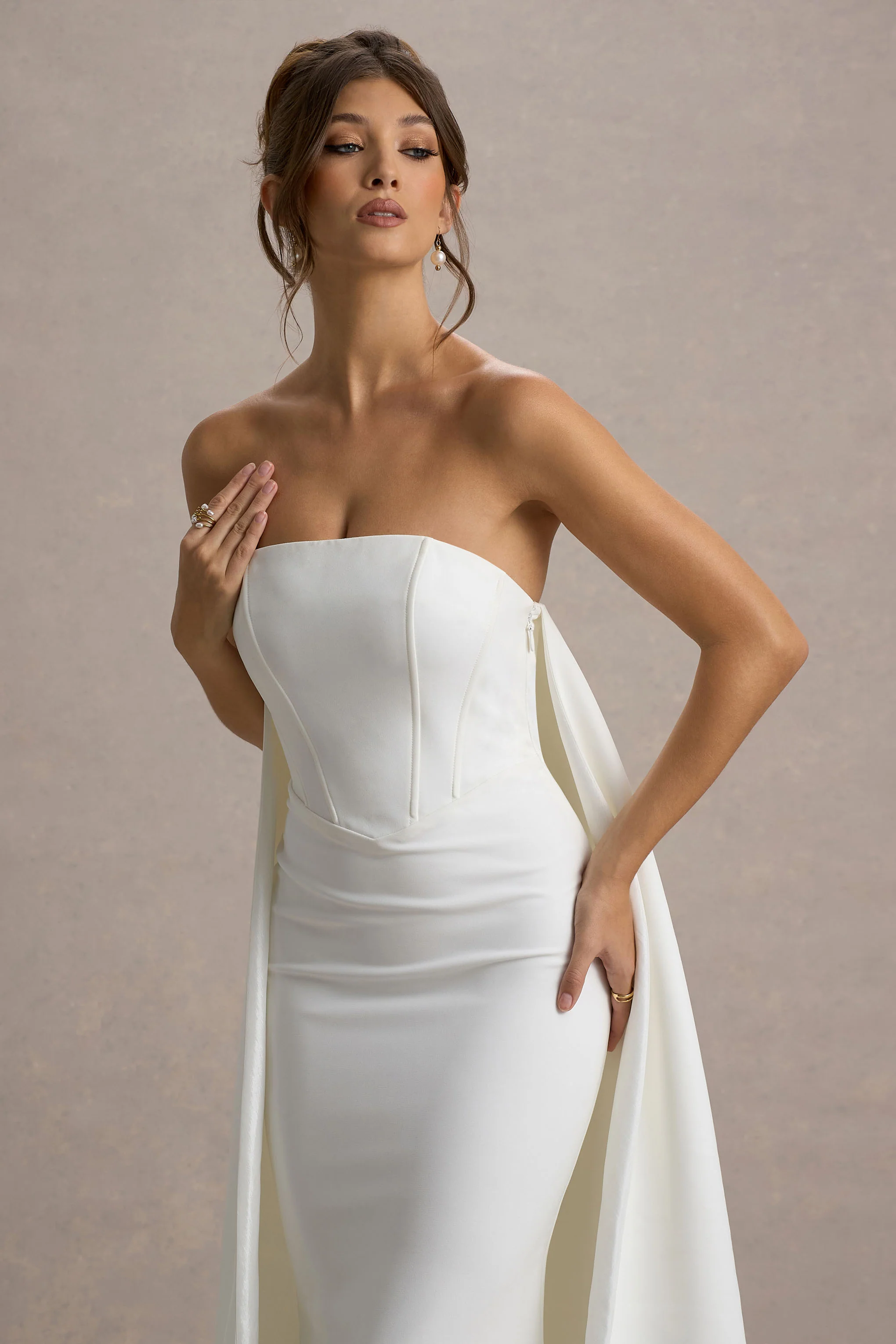 She's Trouble | White Bandeau Maxi Dress With Cape - Image 3