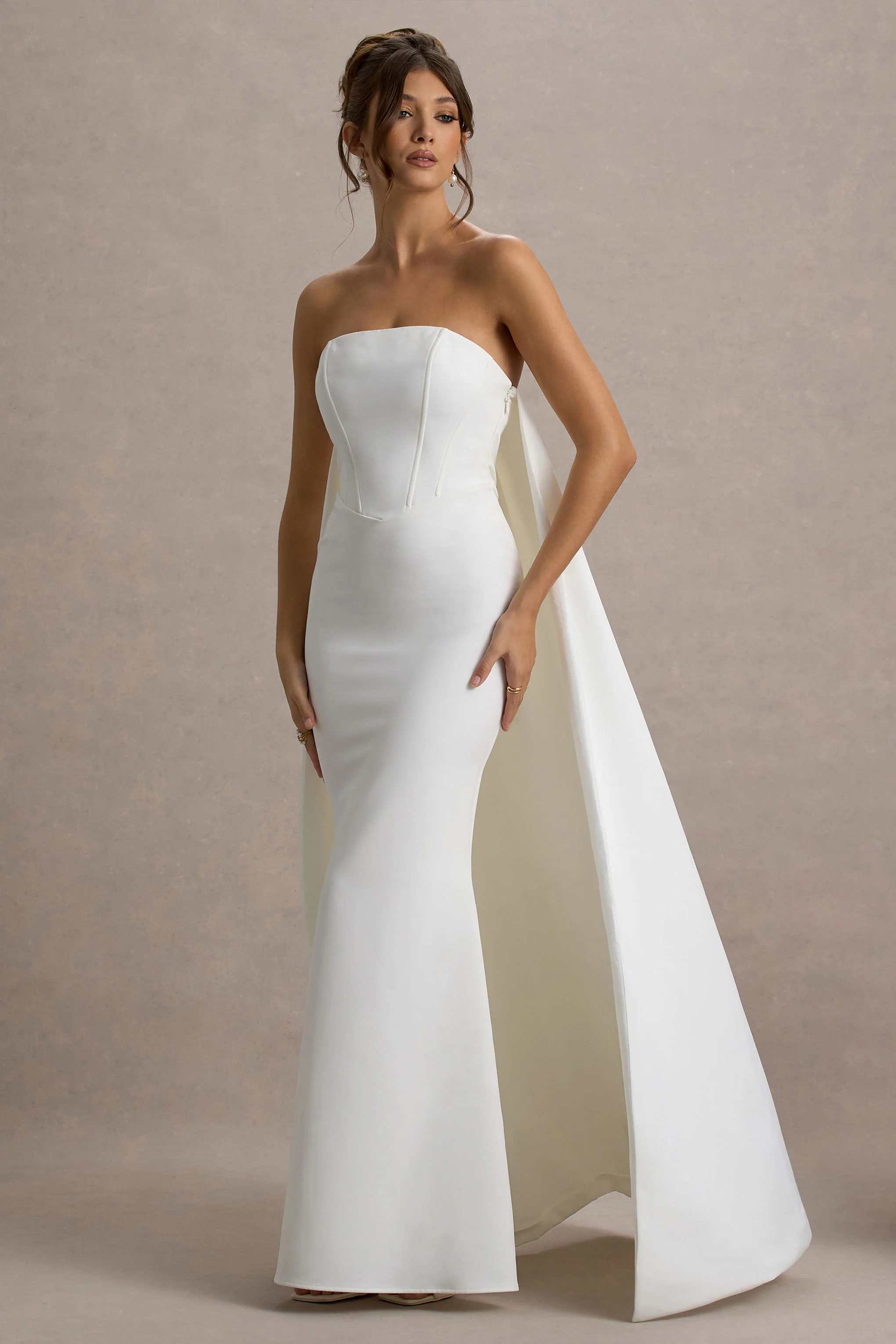 She's Trouble | White Bandeau Maxi Dress With Cape - Image 4