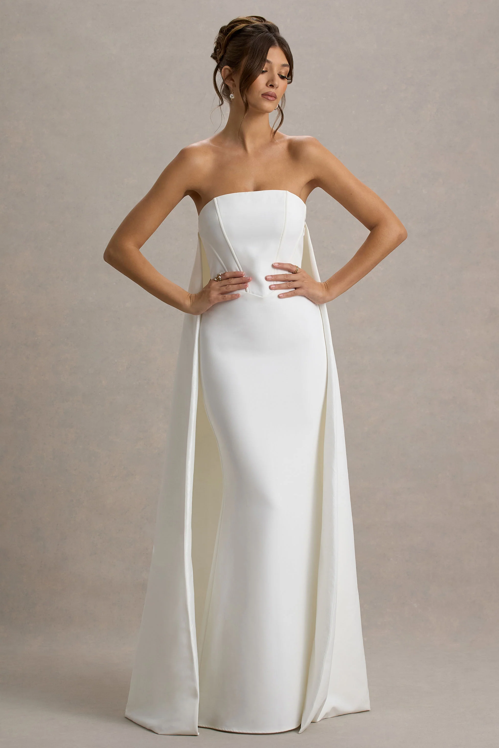 She's Trouble | White Bandeau Maxi Dress With Cape - Image 5