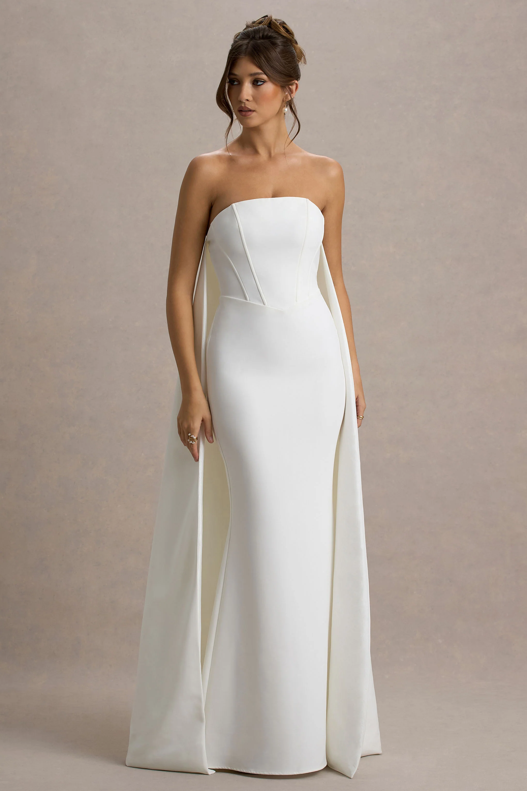 She's Trouble | White Bandeau Maxi Dress With Cape - Image 6