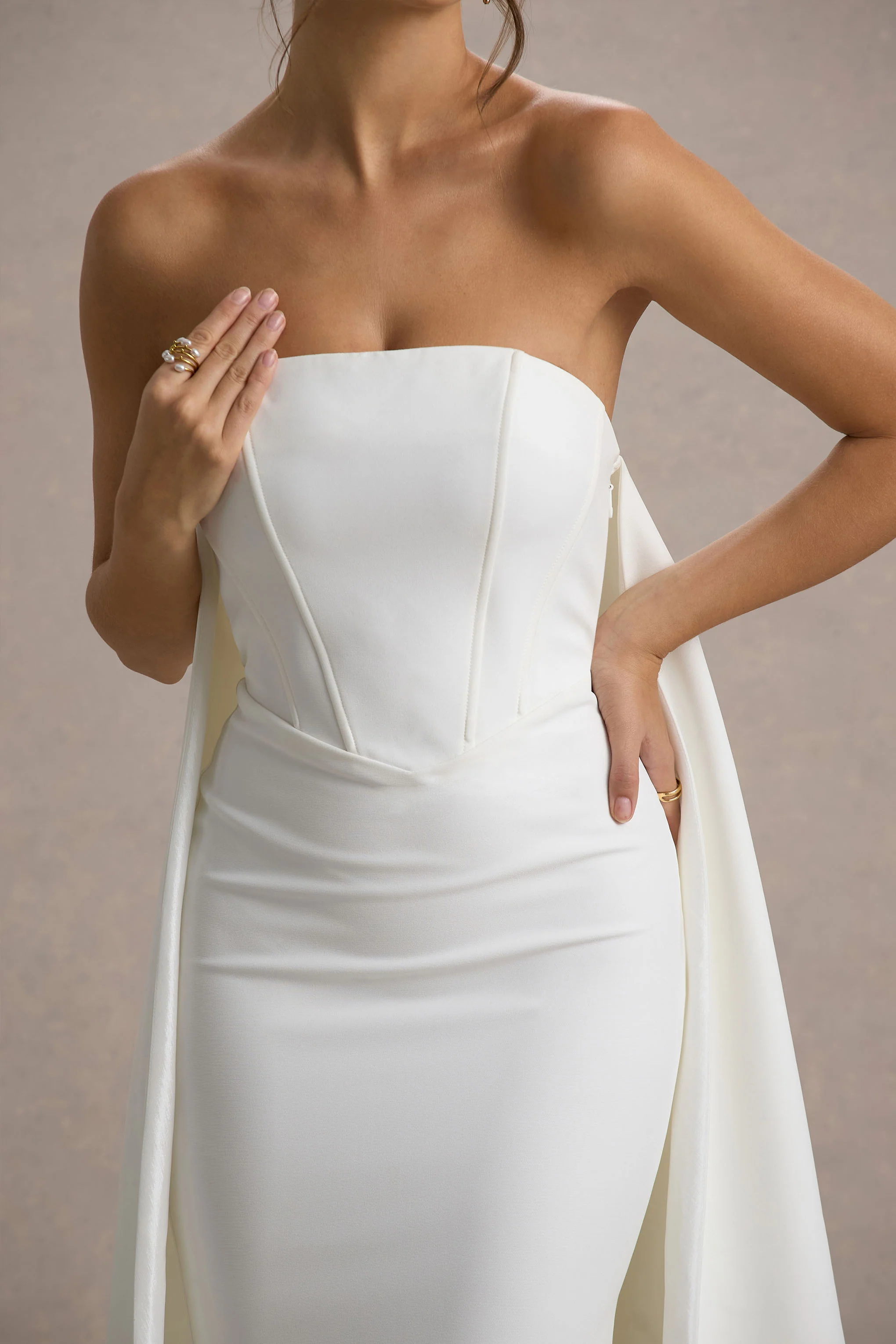 She's Trouble | White Bandeau Maxi Dress With Cape - Image 7