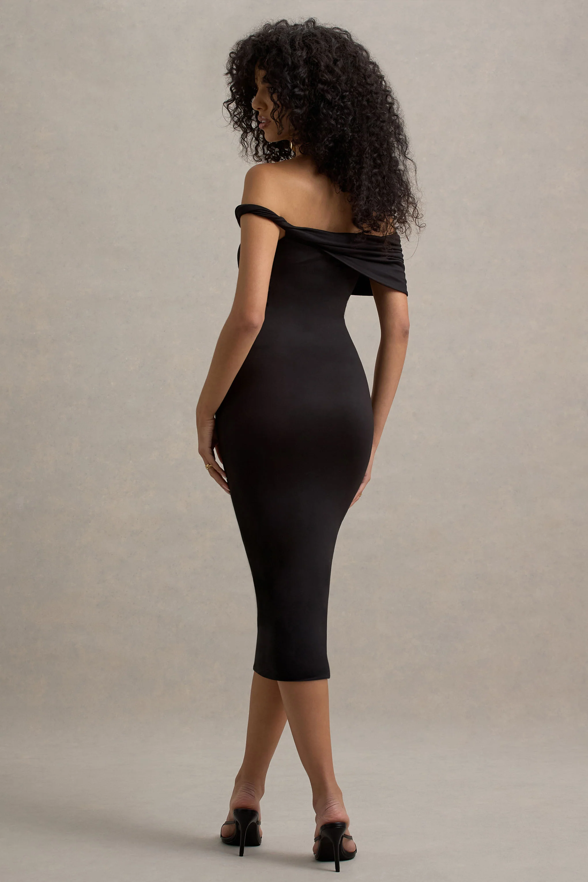 Skye | Black Twisted Bardot Midi Dress - Image 2