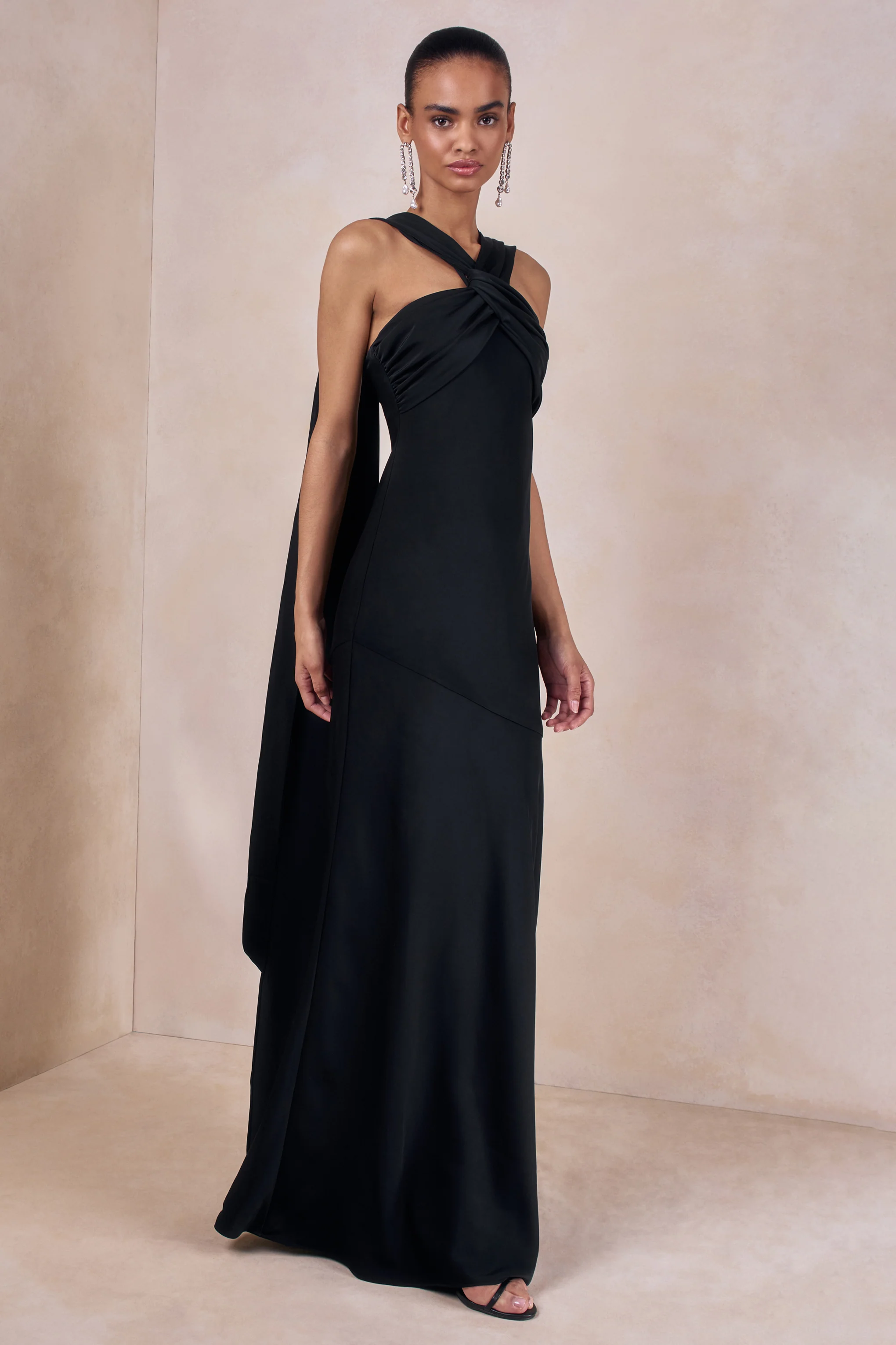Sloane | Black Matte Satin Halter-Neck Maxi Dress With Cape - Image 4
