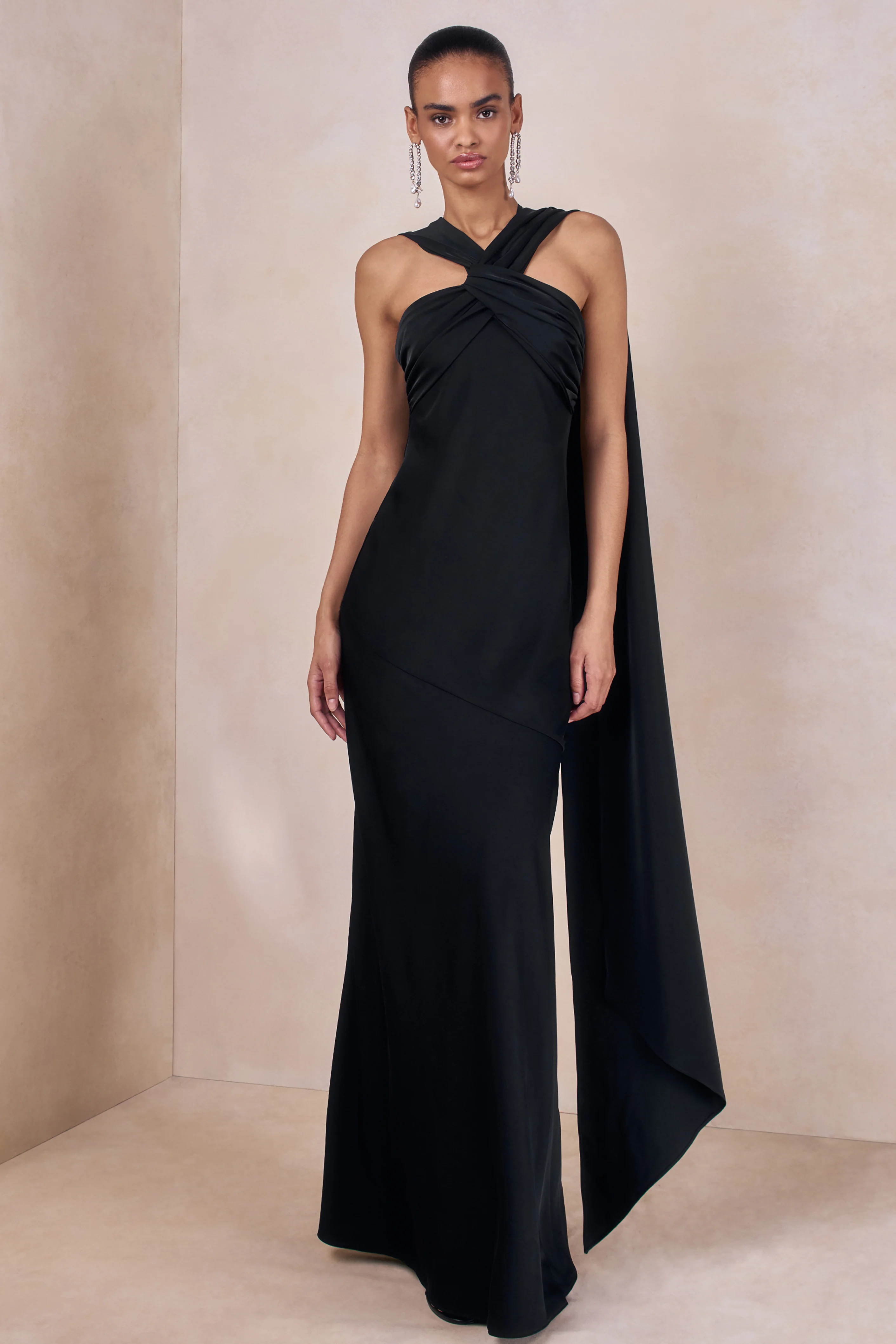 Sloane | Black Matte Satin Halter-Neck Maxi Dress With Cape - Image 5