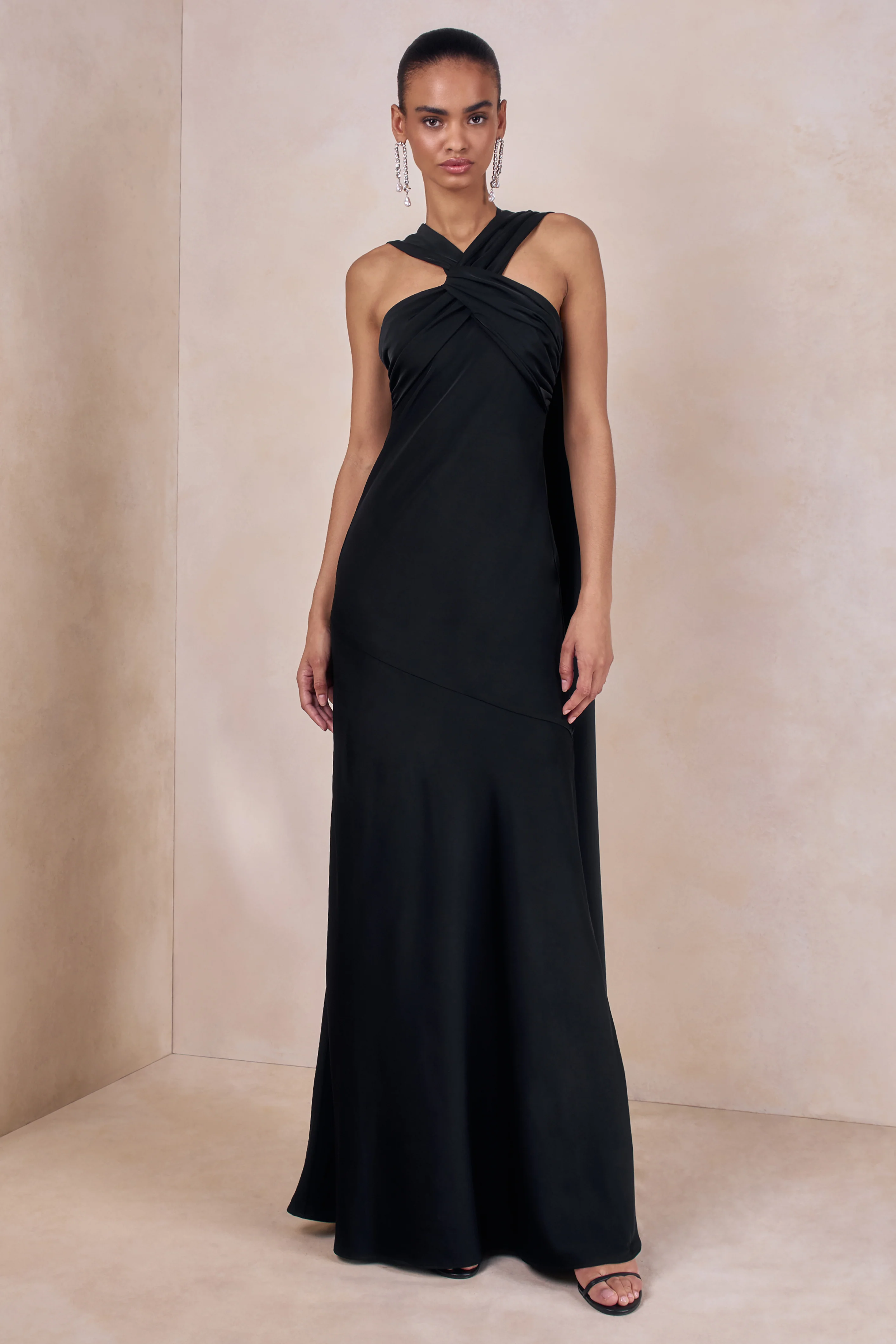 Sloane | Black Matte Satin Halter-Neck Maxi Dress With Cape - Image 6