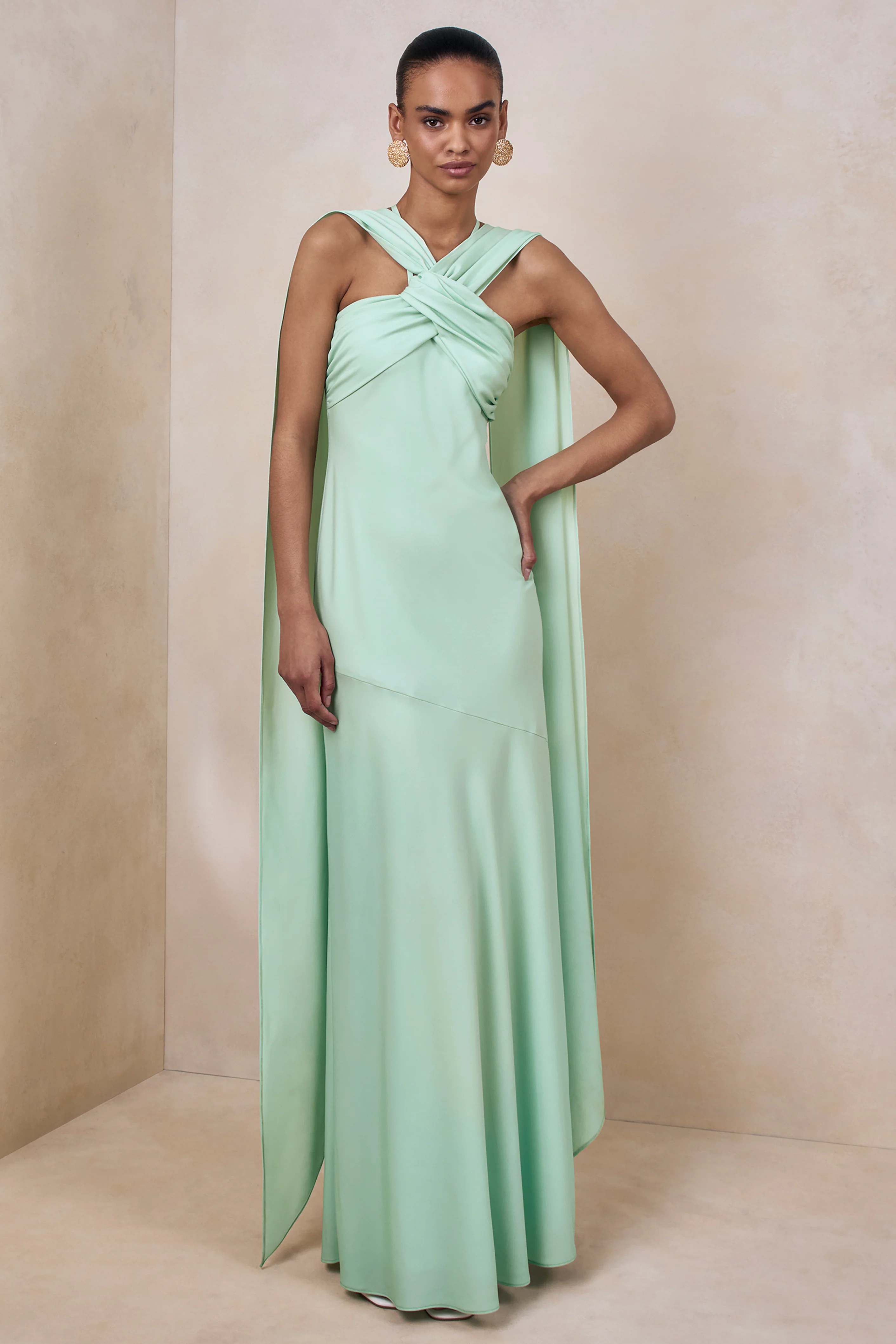 Sloane | Mint Matte Satin Halter-Neck Maxi Dress With Cape - Image 5