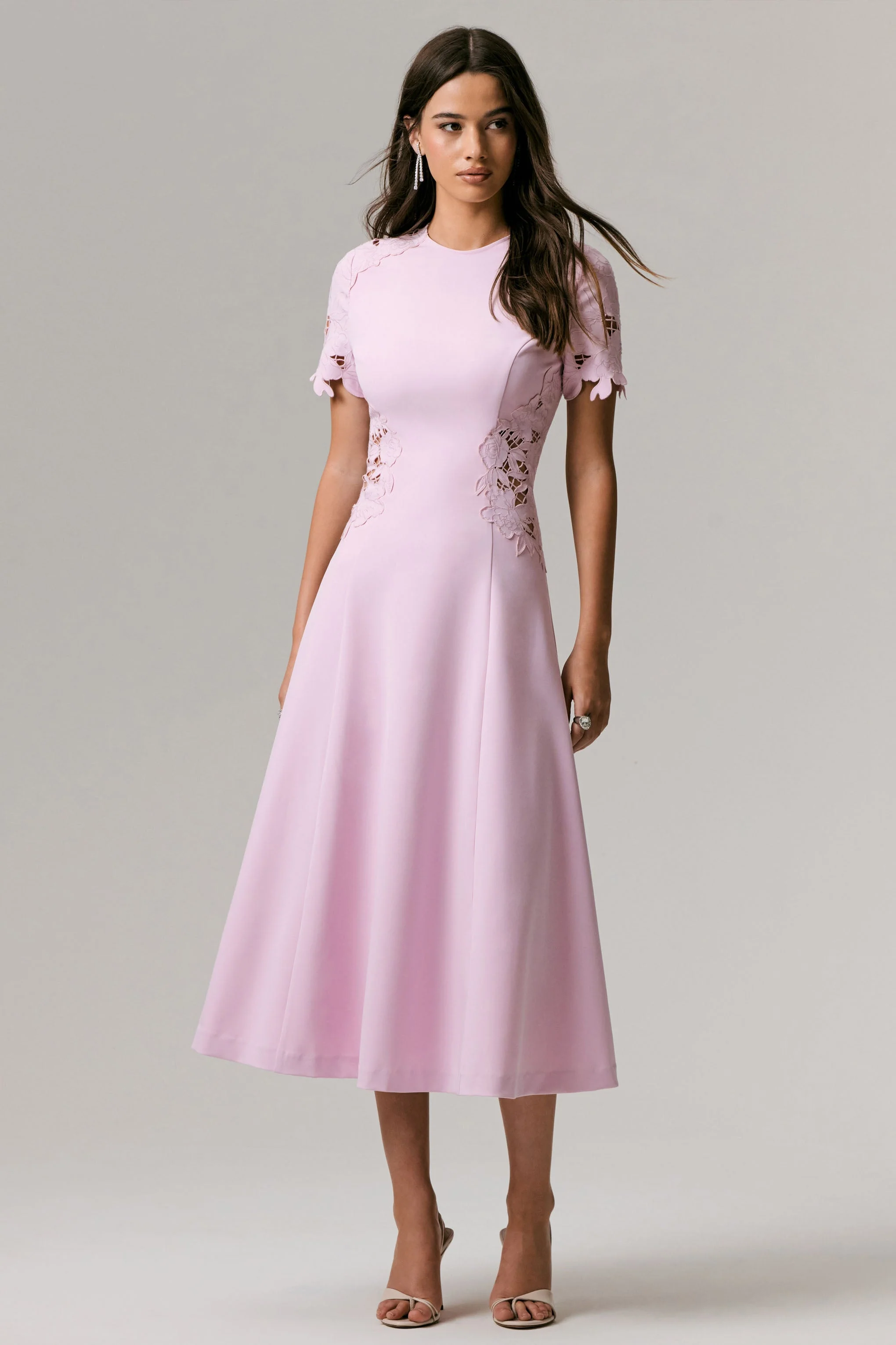 So Sweet | Pink Crew-Neck Midi Dress With Cut-Out Embroidered Detailing - Image 3